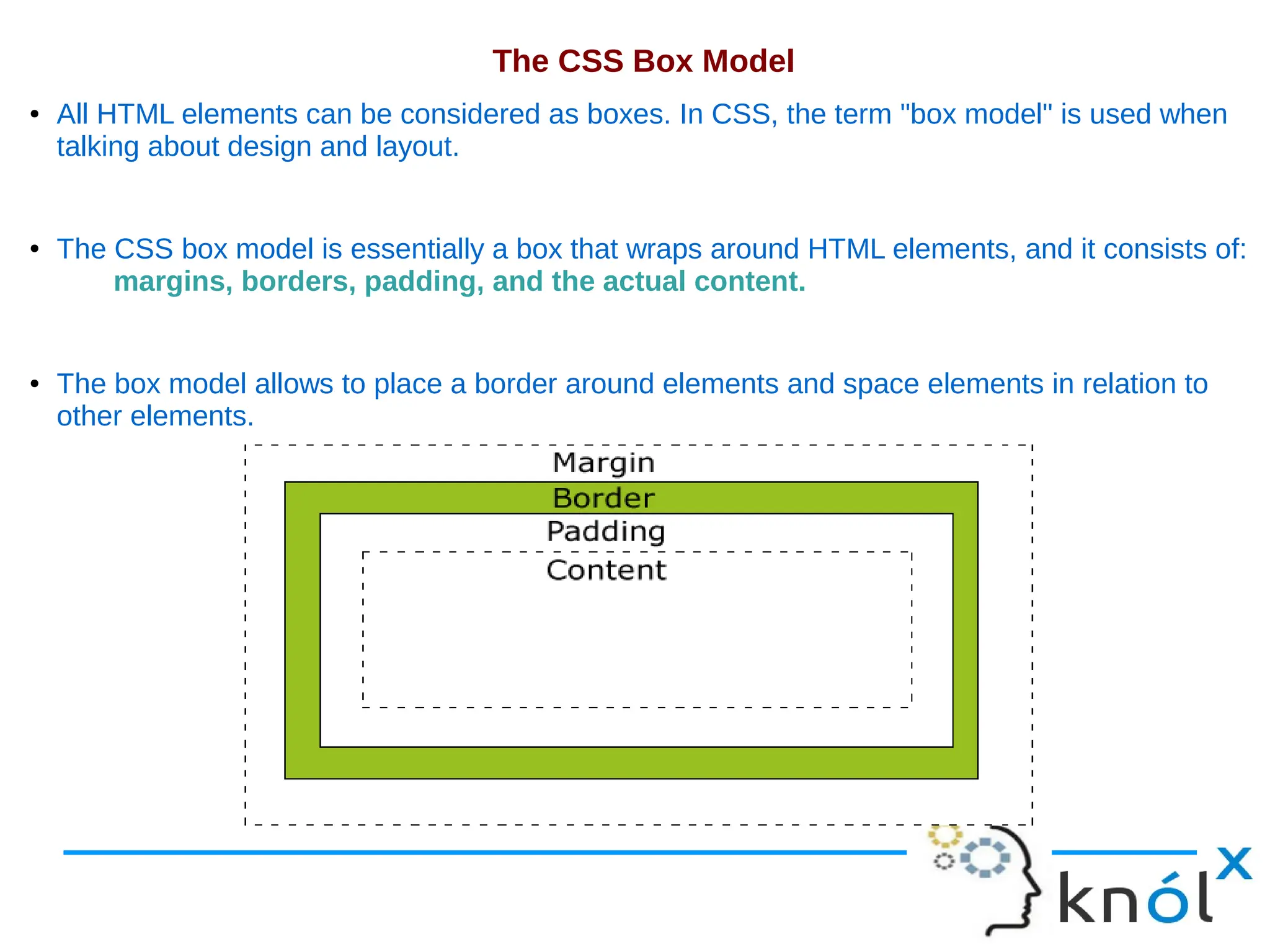 The CSS Box Model ● All HTML elements can be considered as boxes. In CSS, the term "box model" is used when talking about design and layout. ● The CSS box model is essentially a box that wraps around HTML elements, and it consists of: margins, borders, padding, and the actual content. ● The box model allows to place a border around elements and space elements in relation to other elements. 