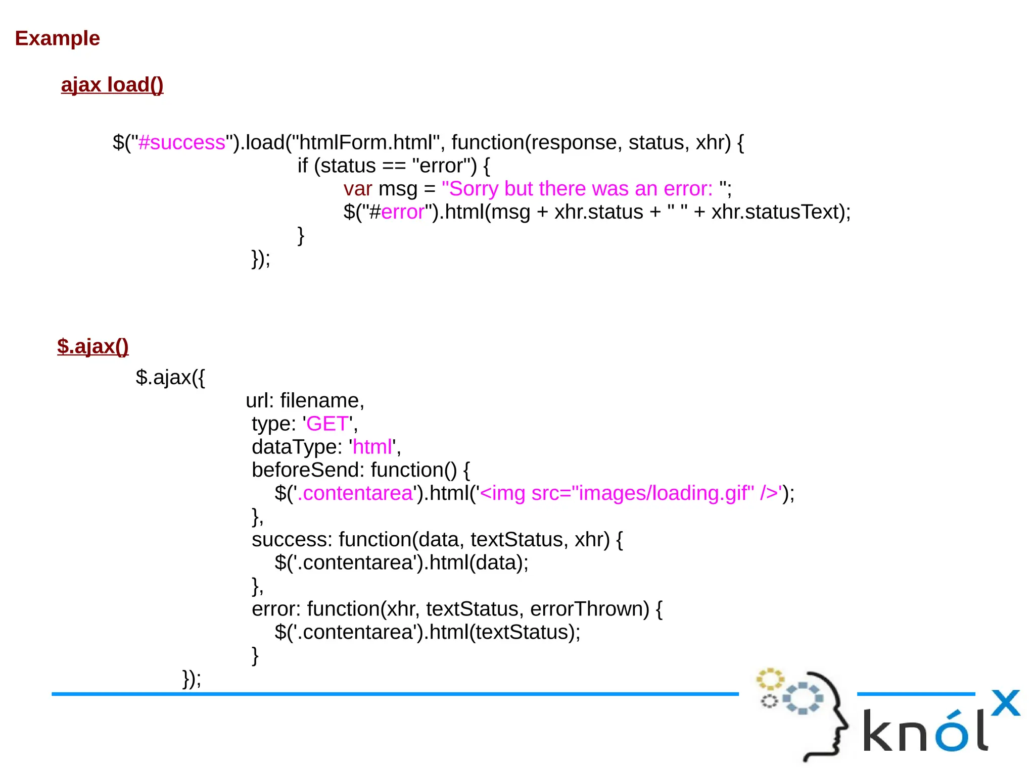 Example ajax load() $.ajax({ url: filename, type: 'GET', dataType: 'html', beforeSend: function() { $('.contentarea').html('<img src="images/loading.gif" />'); }, success: function(data, textStatus, xhr) { $('.contentarea').html(data); }, error: function(xhr, textStatus, errorThrown) { $('.contentarea').html(textStatus); } }); $.ajax() $("#success").load("htmlForm.html", function(response, status, xhr) { if (status == "error") { var msg = "Sorry but there was an error: "; $("#error").html(msg + xhr.status + " " + xhr.statusText); } }); 