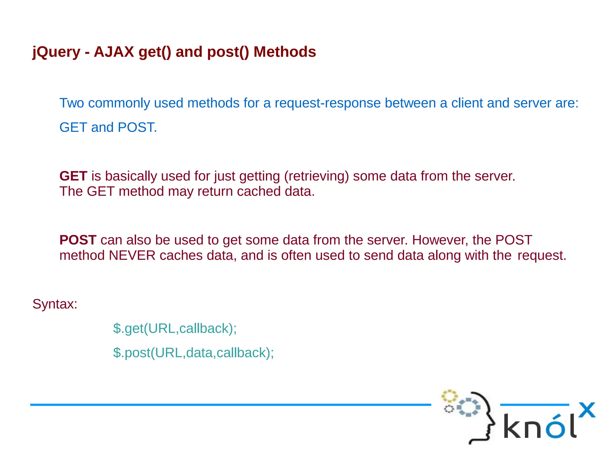 jQuery - AJAX get() and post() Methods Two commonly used methods for a request-response between a client and server are: GET and POST. GET is basically used for just getting (retrieving) some data from the server. The GET method may return cached data. POST can also be used to get some data from the server. However, the POST method NEVER caches data, and is often used to send data along with the request. Syntax: $.get(URL,callback); $.post(URL,data,callback); 