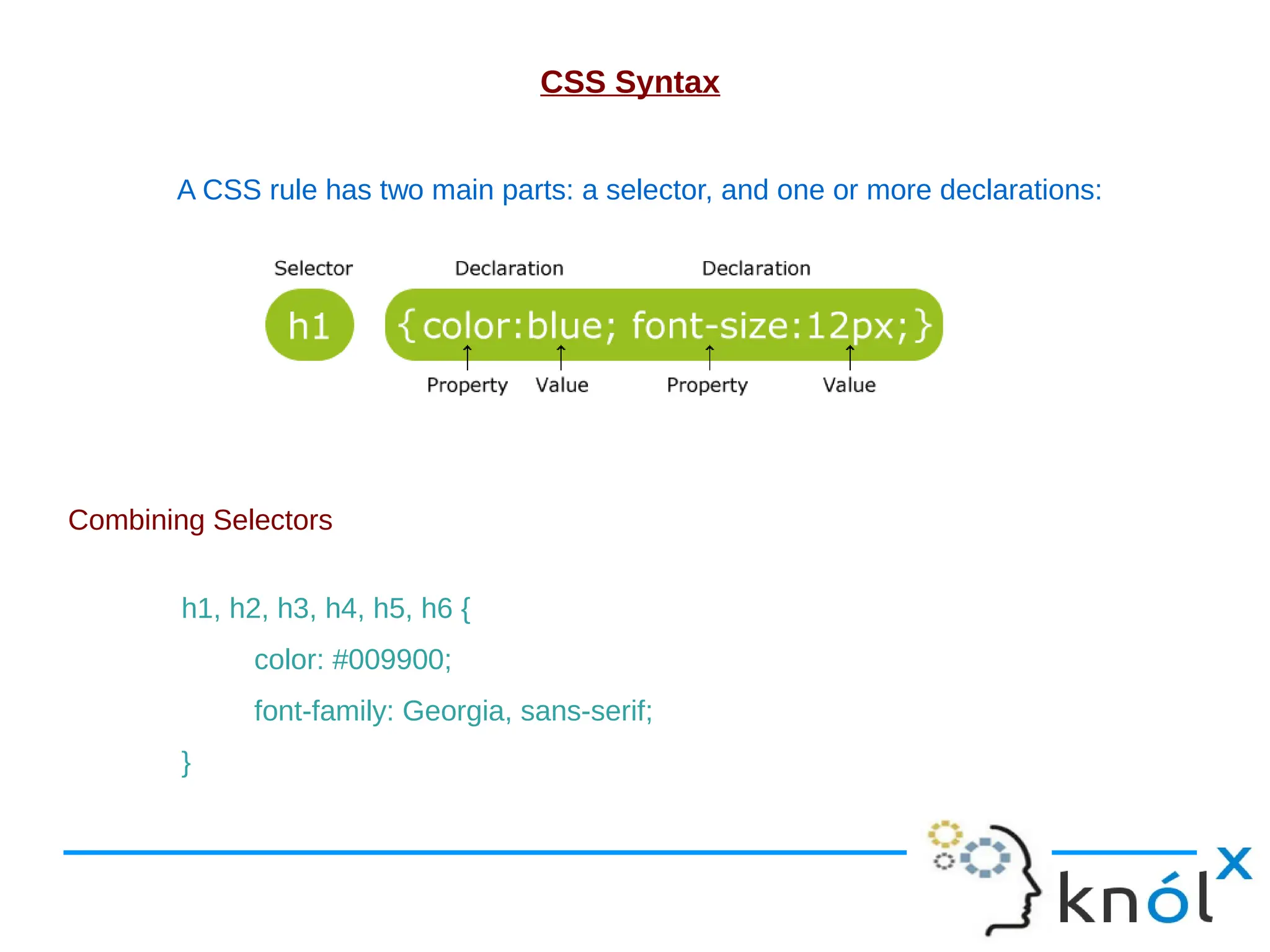CSS Syntax A CSS rule has two main parts: a selector, and one or more declarations: Combining Selectors h1, h2, h3, h4, h5, h6 { color: #009900; font-family: Georgia, sans-serif; } 