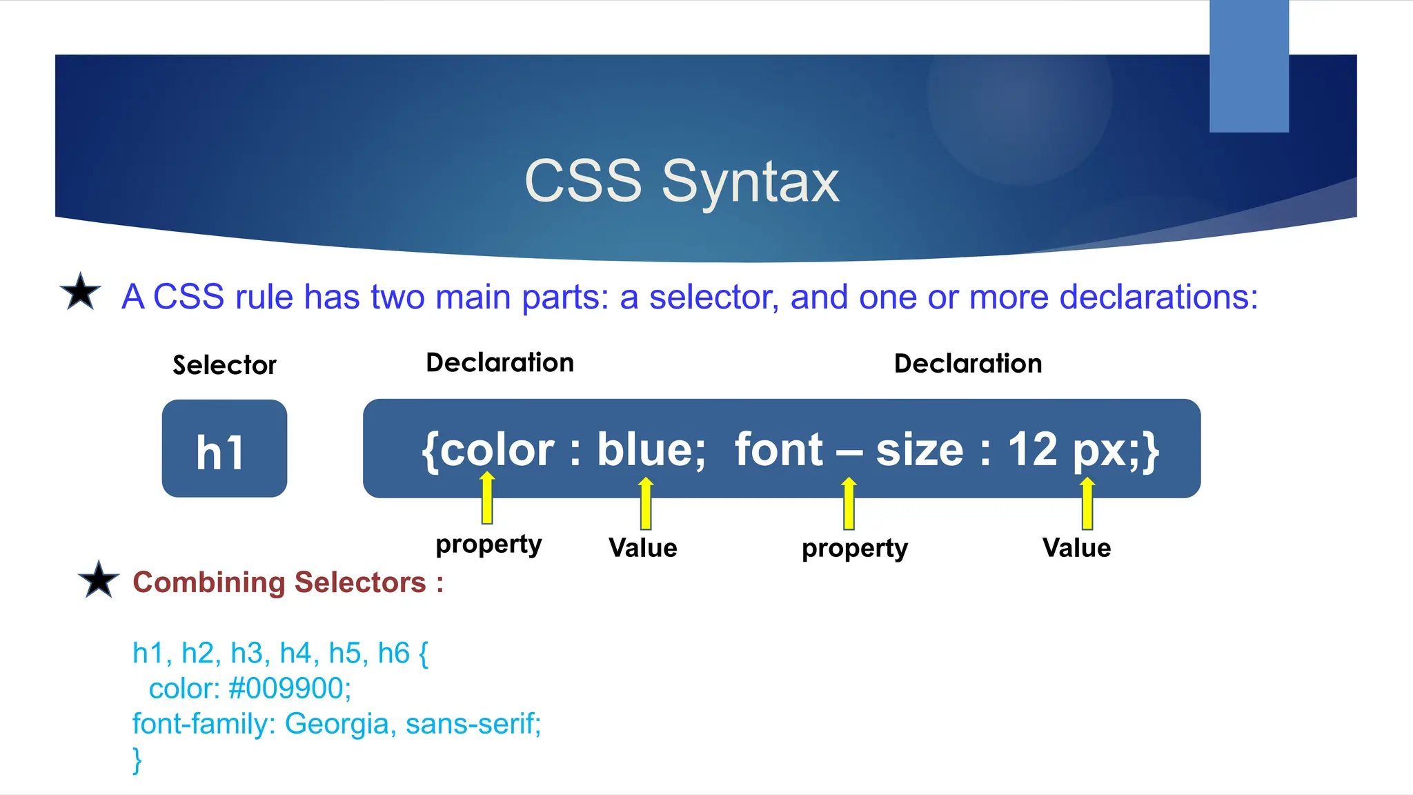 CSS Syntax
A CSS rule has two main parts: a selector, and one or more declarations:
{color : blue; font – size : 12 px;}
h1
Value Value
property
property
Selector Declaration Declaration
Combining Selectors :
h1, h2, h3, h4, h5, h6 {
color: #009900;
font-family: Georgia, sans-serif;
}
 