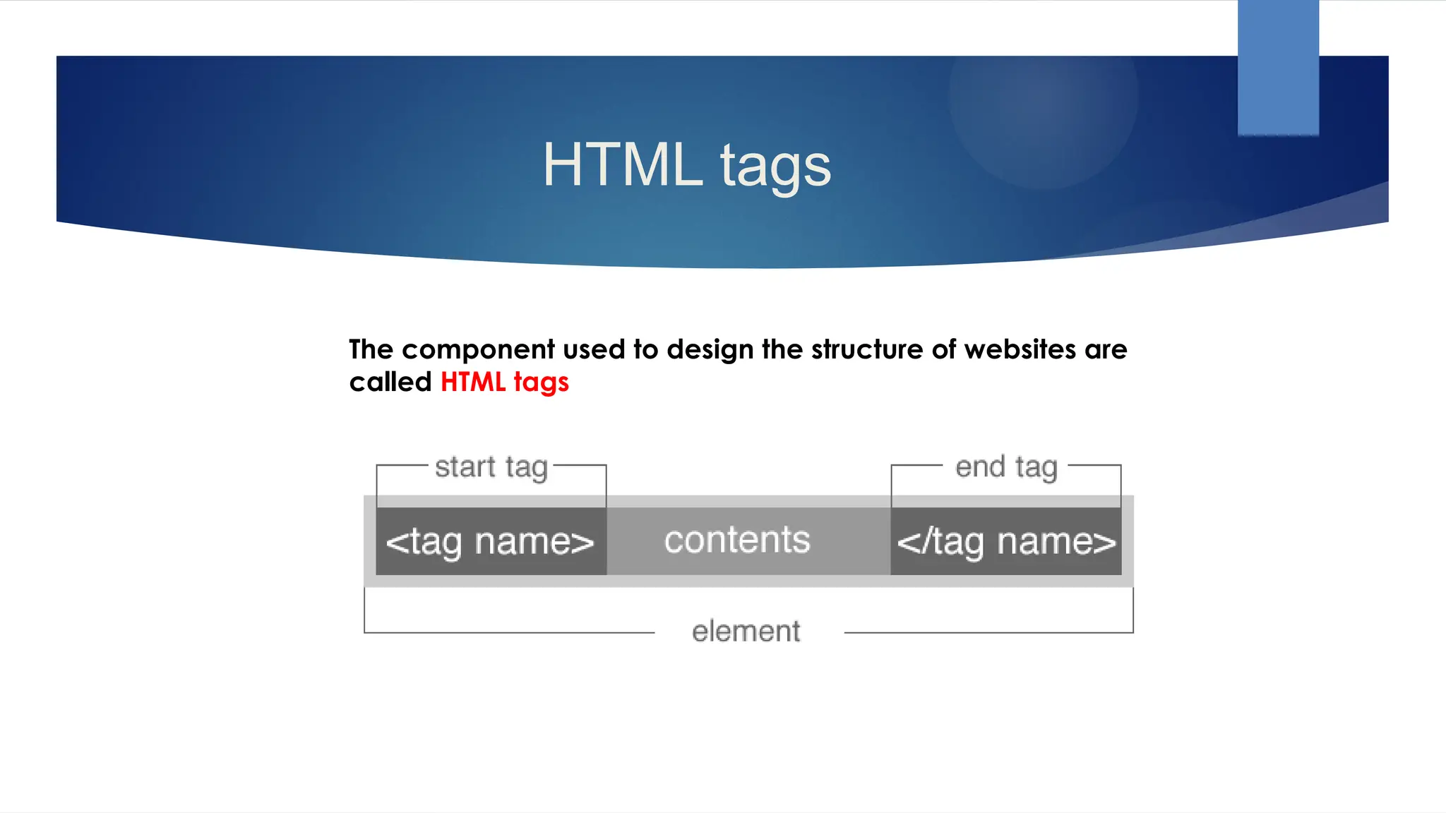 HTML tags
The component used to design the structure of websites are
called HTML tags
 