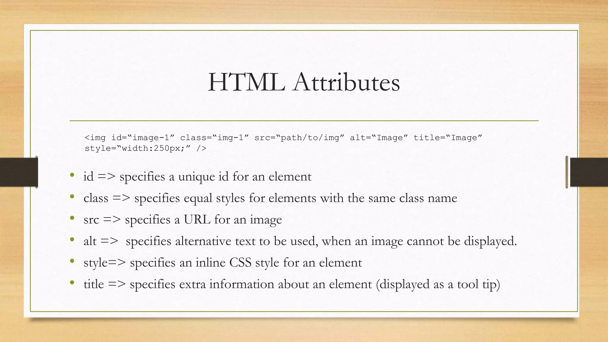 HTML Attributes
• id => specifies a unique id for an element
• class => specifies equal styles for elements with the same class name
• src => specifies a URL for an image
• alt => specifies alternative text to be used, when an image cannot be displayed.
• style=> specifies an inline CSS style for an element
• title => specifies extra information about an element (displayed as a tool tip)
<img id=“image-1” class=“img-1” src=“path/to/img” alt=“Image” title=“Image”
style=“width:250px;” />
 