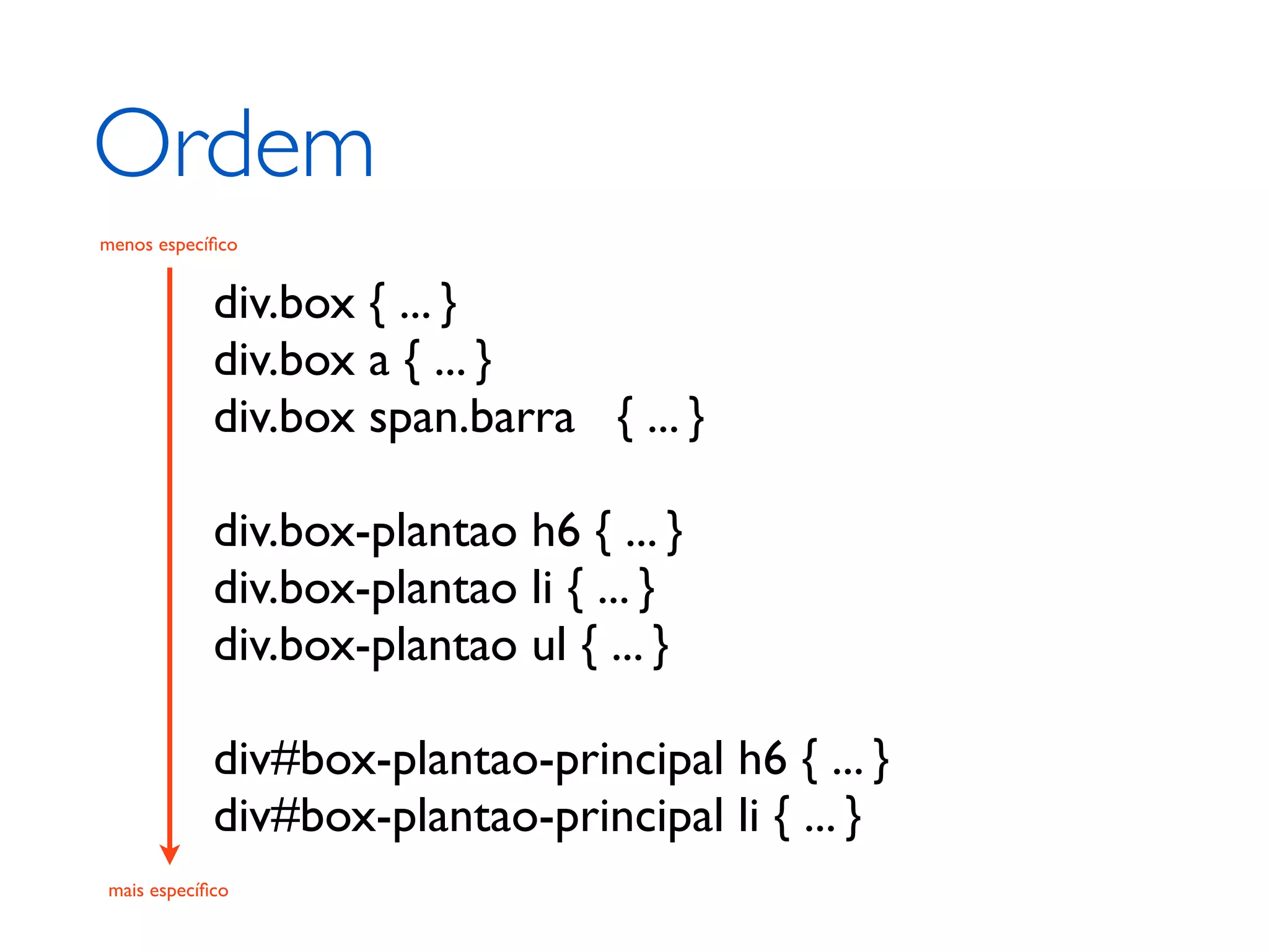 Ordem menos especíﬁco div.box { ... } div.box a { ... } div.box span.barra { ... } div.box-plantao h6 { ... } div.box-plantao li { ... } div.box-plantao ul { ... } div#box-plantao-principal h6 { ... } div#box-plantao-principal li { ... } mais especíﬁco 