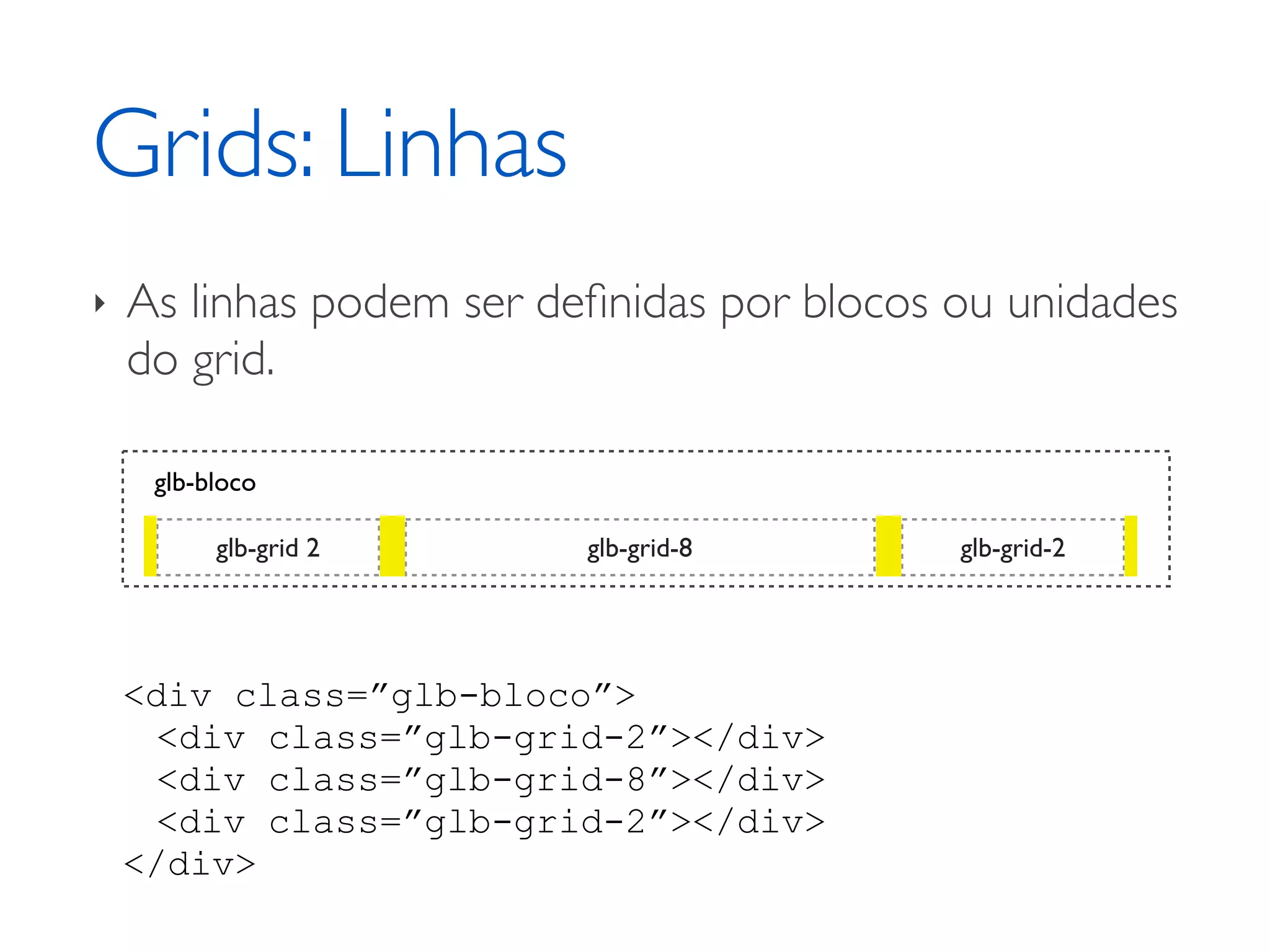 Grids: Linhas ‣ As linhas podem ser deﬁnidas por blocos ou unidades do grid. glb-bloco glb-grid 2 glb-grid-8 glb-grid-2 <div class=”glb-bloco”> <div class=”glb-grid-2”></div> <div class=”glb-grid-8”></div> <div class=”glb-grid-2”></div> </div> 