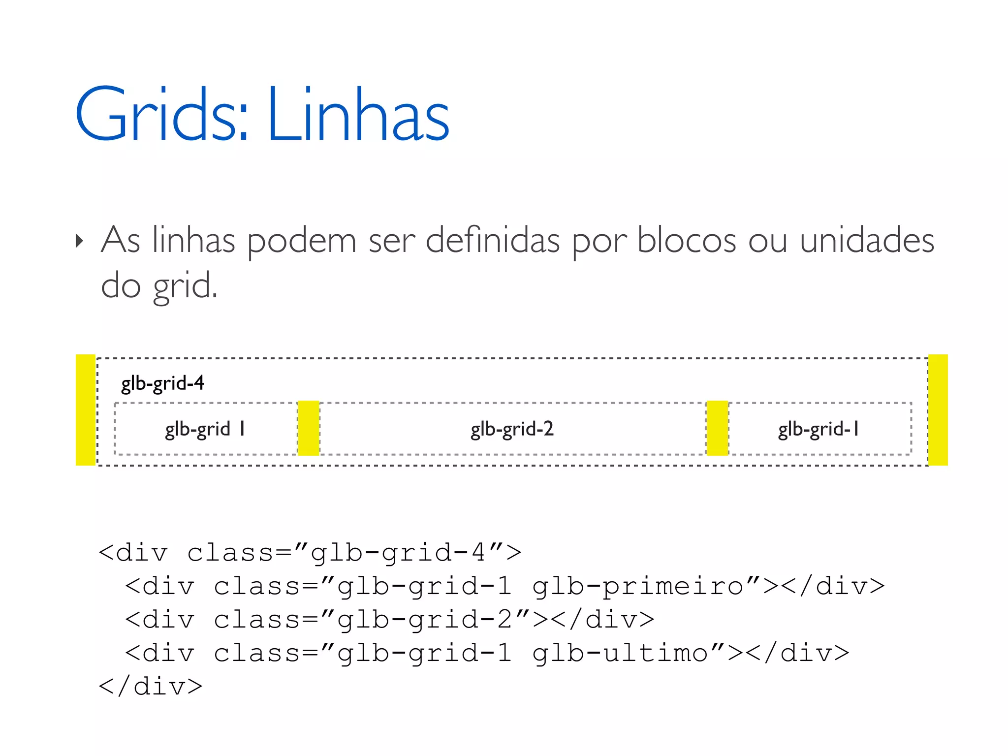 Grids: Linhas ‣ As linhas podem ser deﬁnidas por blocos ou unidades do grid. glb-grid-4 glb-grid 1 glb-grid-2 glb-grid-1 <div class=”glb-grid-4”> <div class=”glb-grid-1 glb-primeiro”></div> <div class=”glb-grid-2”></div> <div class=”glb-grid-1 glb-ultimo”></div> </div> 