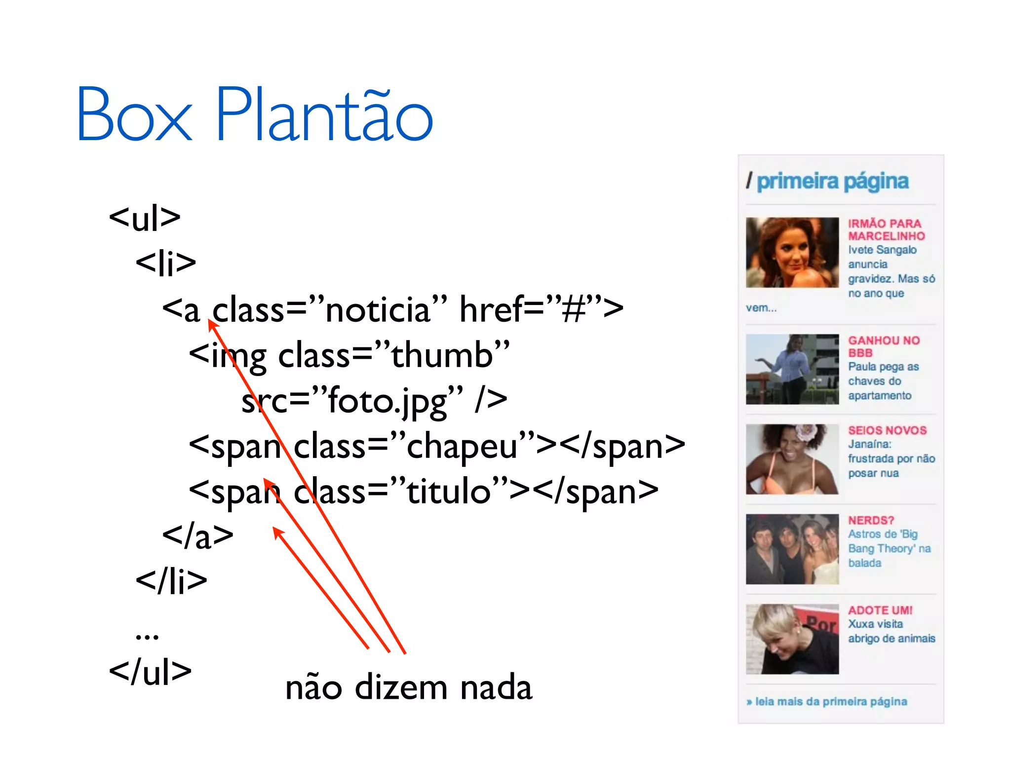 Box Plantão <ul> <li> <a class=”noticia” href=”#”> <img class=”thumb” src=”foto.jpg” /> <span class=”chapeu”></span> <span class=”titulo”></span> </a> </li> ... </ul> não dizem nada 