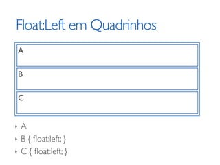 Float:Left em Quadrinhos
    A

    B

    C


‣   A
‣   B { ﬂoat:left; }
‣   C { ﬂoat:left; }
 