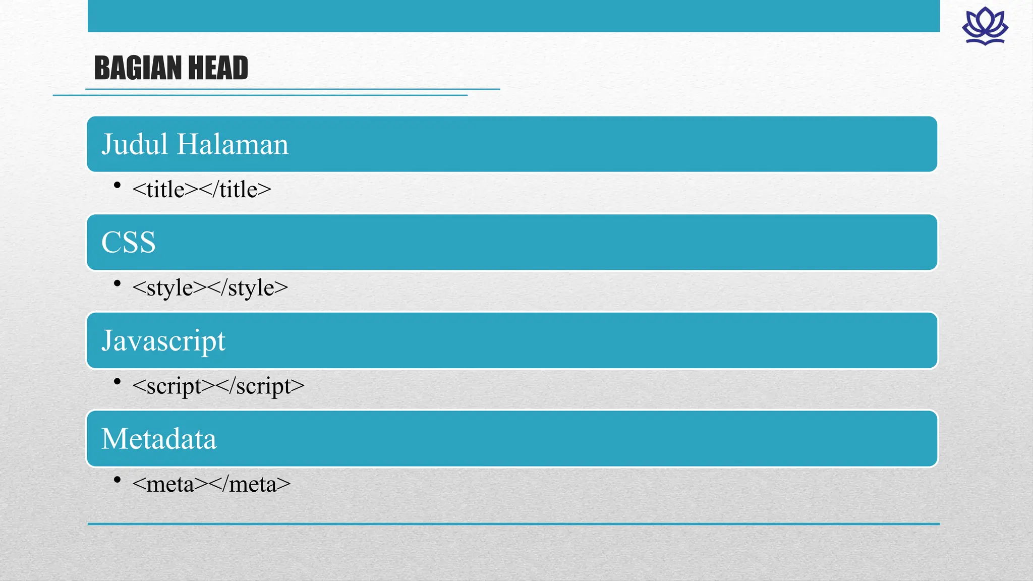 BAGIAN HEAD
Judul Halaman
• <title></title>
CSS
• <style></style>
Javascript
• <script></script>
Metadata
• <meta></meta>
 