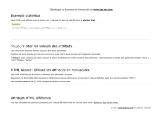 Télécharger ce document en format pdf sur www.krymo.com

Exemple d'attribut
Liens HTML sont définies avec la balise <a>. L'adresse du lien est spécifié dans le attribut href :

Exemple
<a href="http://www.krymo.com">This is a link</a>




Toujours citer les valeurs des attributs
Les valeurs des attributs doivent toujours être entre guillemets.

Citations de style doubles sont les plus communs, mais cite de style simples sont également autorisés.

   Astuce: Dans certains cas rares, lorsque la valeur de l'attribut lui-même contient des guillemets, il est nécessaire d'utiliser des guillemets simples: name =
"John" Shotgun "Nelson"




HTML Astuce: Utilisez les attributs en minuscules
Les noms d'attributs et de valeurs d'attributs sont sensibles à la casse.

Cependant, le World Wide Web Consortium (W3C) recommande attributs en minuscules / valeurs d'attribut dans leur recommandation HTML 4.

Les nouvelles versions de (X) HTML exigera attributs en minuscules.




Attributs HTML référence
Une liste complète des attributs juridiques pour chaque élément HTML est inscrite dans notre: Référence des balises HTML .


                                                                                                                    © 2013 www.krymo.com Tous Droits réservés.
 