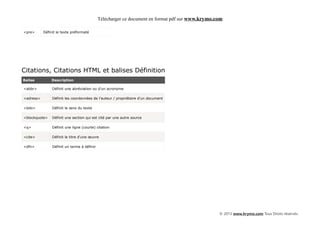 Télécharger ce document en format pdf sur www.krymo.com

<pre>      Définit le texte préformaté




Citations, Citations HTML et balises Définition
Balise         Description

<abbr>          Définit une abréviation ou d'un acronyme

<adress>        Définit les coordonnées de l'auteur / propriétaire d'un document

<bdo>           Définit le sens du texte

<blockquote>    Définit une section qui est cité par une autre source

<q>             Définit une ligne (courte) citation

<cite>          Définit le titre d'une œuvre

<dfn>           Définit un terme à définir




                                                                                                  © 2013 www.krymo.com Tous Droits réservés.
 