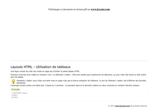 Télécharger ce document en format pdf sur www.krymo.com




Layouts HTML - Utilisation de tableaux
Une façon simple de créer des mises en page est d'utiliser la balise tabeau HTML.

Plusieurs colonnes sont créées en utilisant <div> ou éléments <table>. CSS sont utilisés pour positionner les éléments, ou pour créer des fonds ou look coloré
pour les pages.

      Utilisation <table> pour créer une belle mise en page n'est pas la bonne utilisation de l'élément. Le but de l'élément <table> est d'afficher des données
      tabulaires!
L'exemple suivant utilise une table avec 3 lignes et 2 colonnes - la première ligne et la dernière s'étend sur deux colonnes en utilisant l'attribut colspan:

Exemple
<!DOCTYPE html>
<html>
<body>



                                                                                                                  © 2013 www.krymo.com Tous Droits réservés.
 