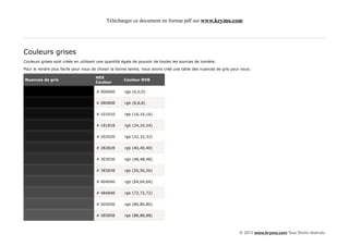 Télécharger ce document en format pdf sur www.krymo.com




Couleurs grises
Couleurs grises sont créés en utilisant une quantité égale de pouvoir de toutes les sources de lumière.

Pour le rendre plus facile pour vous de choisir la bonne teinte, nous avons créé une table des nuances de gris pour vous:

                                      HEX
Nuances de gris                                      Couleur RVB
                                      Couleur

                                      # 000000        rgb (0,0,0)


                                      # 080808        rgb (8,8,8)


                                      # 101010        rgb (16,16,16)


                                      # 181818        rgb (24,24,24)


                                      # 202020        rgb (32,32,32)


                                      # 282828        rgb (40,40,40)


                                      # 303030        rgb (48,48,48)


                                      # 383838        rgb (56,56,56)


                                      # 404040        rgb (64,64,64)


                                      # 484848        rgb (72,72,72)


                                      # 505050        rgb (80,80,80)


                                      # 585858        rgb (88,88,88)



                                                                                                                  © 2013 www.krymo.com Tous Droits réservés.
 
