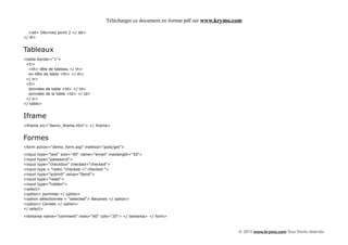Télécharger ce document en format pdf sur www.krymo.com

  <dd> Décrivez point 2 </ dd>
</ dl>


Tableaux
<table border="1">
 <tr>
  <th> tête de tableau </ th>
  en-tête de table <th> </ th>
 </ tr>
 <tr>
  données de table <td> </ td>
  données de la table <td> </ td>
 </ tr>
</ table>


Iframe
<iframe src="demo_iframe.htm"> </ iframe>


Formes
<form action="demo_form.asp" method="post/get">

<input type="text" size="40" name="email" maxlength="50">
<input type="password">
<input type="checkbox" checked="checked">
<input type = "radio "checked =" checked ">
<input type="submit" value="Send">
<input type="reset">
<input type="hidden">
<select>
<option> pommes </ option>
<option sélectionnée = "selected"> Bananes </ option>
<option> Cerises </ option>
</ select>

<textarea name="comment" rows="60" cols="20"> </ textarea> </ form>



                                                                                            © 2013 www.krymo.com Tous Droits réservés.
 