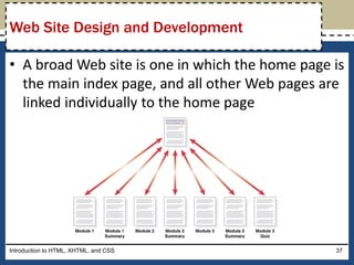 • A broad Web site is one in which the home page is
the main index page, and all other Web pages are
linked individually to the home page
Introduction to HTML, XHTML, and CSS 37
Web Site Design and Development
 
