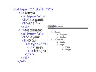 <ol type="1" start="3">
  <li>Kimya
    <ol type="a" >
     <li>İnorganik
     <li>Analitik
    </ol>
  <li>Matematik
    <ol type="a">
     <li>Sayılar
     <li>Diğer
       <ol type="i">
        <li>Türev
        <li>İntegral
       </ol>
    </ol>
  </ol>
 