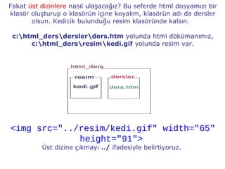 Fakat üst dizinlere nasıl ulaşacağız? Bu seferde html dosyamızı bir
klasör oluşturup o klasörün içine koyalım, klasörün adı da dersler
       olsun. Kedicik bulunduğu resim klasöründe kalsın.

 c:html_dersderslerders.htm yolunda html dökümanımız,
      c:html_dersresimkedi.gif yolunda resim var.




<img src="../resim/kedi.gif" width="65"
             height="91">
          Üst dizine çıkmayı ../ ifadesiyle belirtiyoruz.
 