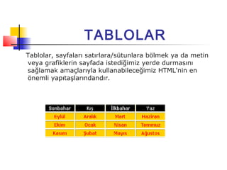 TABLOLAR
Tablolar, sayfaları satırlara/sütunlara bölmek ya da metin
veya grafiklerin sayfada istediğimiz yerde durmasını
sağlamak amaçlarıyla kullanabileceğimiz HTML'nin en
önemli yapıtaşlarındandır.
 