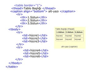 <table border="1">
    <thead>Tablo Başlığı </thead>
   <caption align="bottom"> alt-yazı </caption>
       <tr>
          <th>1.Sütun</th>
          <th>2.Sütun</th>
          <th>3.Sütun</th>
       </tr>
 <tbody>
       <tr>
           <td>hücre1</td>
           <td>hücre2</td>
           <td>hücre3</td>
       </tr>
       <tr>
            <td>hücre4</td>
            <td>hücre5</td>
            <td>hücre6</td>
       </tr>
  </tbody>
</table>
 