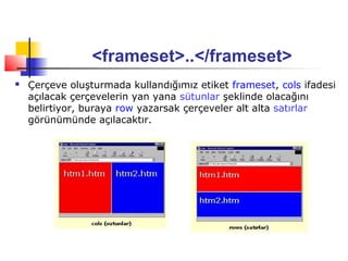 <frameset>..</frameset>
   Çerçeve oluşturmada kullandığımız etiket frameset, cols ifadesi
    açılacak çerçevelerin yan yana sütunlar şeklinde olacağını
    belirtiyor, buraya row yazarsak çerçeveler alt alta satırlar
    görünümünde açılacaktır.
 