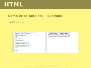 HTML
Como criar tabelas? - Exemplo

 • Obtem-se:




        Mónica Ferreira   |   2º Ano de Comunicação audiovisual e Multimédia   |   Diurno
 
