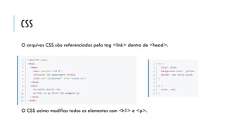 CSS
O arquivos CSS são referenciados pela tag <link> dentro de <head>.
O CSS acima modifica todos os elementos com <h1> e <p>.
 