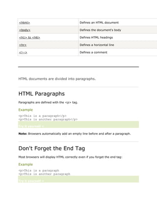 <html>                                     Defines an HTML document

<body>                                     Defines the document's body

<h1> to <h6>                               Defines HTML headings

<hr>                                       Defines a horizontal line

<!-->                                      Defines a comment




HTML documents are divided into paragraphs.



HTML Paragraphs
Paragraphs are defined with the <p> tag.

Example
<p>This is a paragraph</p>
<p>This is another paragraph</p>

Try it yourself »

Note: Browsers automatically add an empty line before and after a paragraph.




Don't Forget the End Tag
Most browsers will display HTML correctly even if you forget the end tag:

Example
<p>This is a paragraph
<p>This is another paragraph

Try it yourself »
 