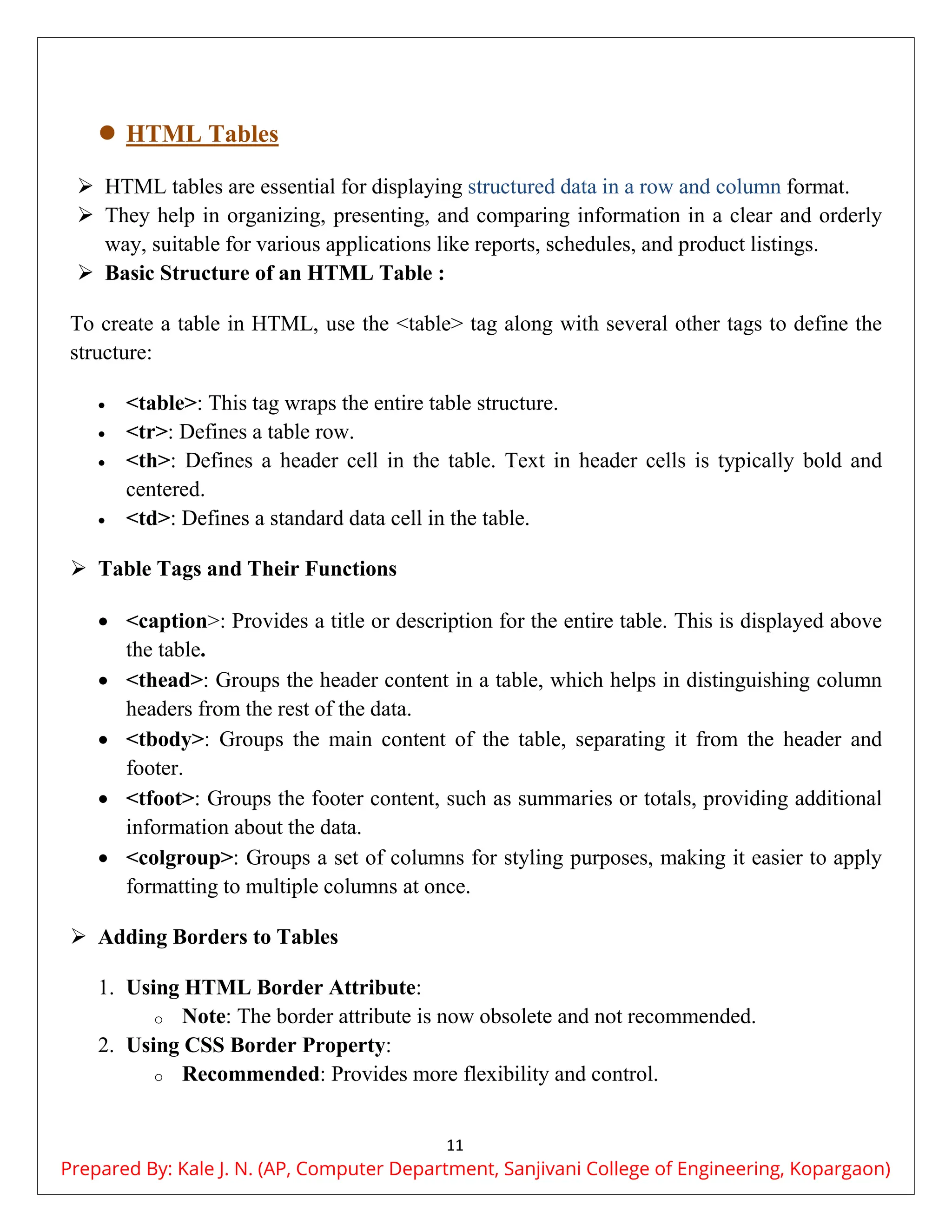 11
 HTML Tables
 HTML tables are essential for displaying structured data in a row and column format.
 They help in organizing, presenting, and comparing information in a clear and orderly
way, suitable for various applications like reports, schedules, and product listings.
 Basic Structure of an HTML Table :
To create a table in HTML, use the <table> tag along with several other tags to define the
structure:
 <table>: This tag wraps the entire table structure.
 <tr>: Defines a table row.
 <th>: Defines a header cell in the table. Text in header cells is typically bold and
centered.
 <td>: Defines a standard data cell in the table.
 Table Tags and Their Functions
 <caption>: Provides a title or description for the entire table. This is displayed above
the table.
 <thead>: Groups the header content in a table, which helps in distinguishing column
headers from the rest of the data.
 <tbody>: Groups the main content of the table, separating it from the header and
footer.
 <tfoot>: Groups the footer content, such as summaries or totals, providing additional
information about the data.
 <colgroup>: Groups a set of columns for styling purposes, making it easier to apply
formatting to multiple columns at once.
 Adding Borders to Tables
1. Using HTML Border Attribute:
o Note: The border attribute is now obsolete and not recommended.
2. Using CSS Border Property:
o Recommended: Provides more flexibility and control.
Prepared By: Kale J. N. (AP, Computer Department, Sanjivani College of Engineering, Kopargaon)
 