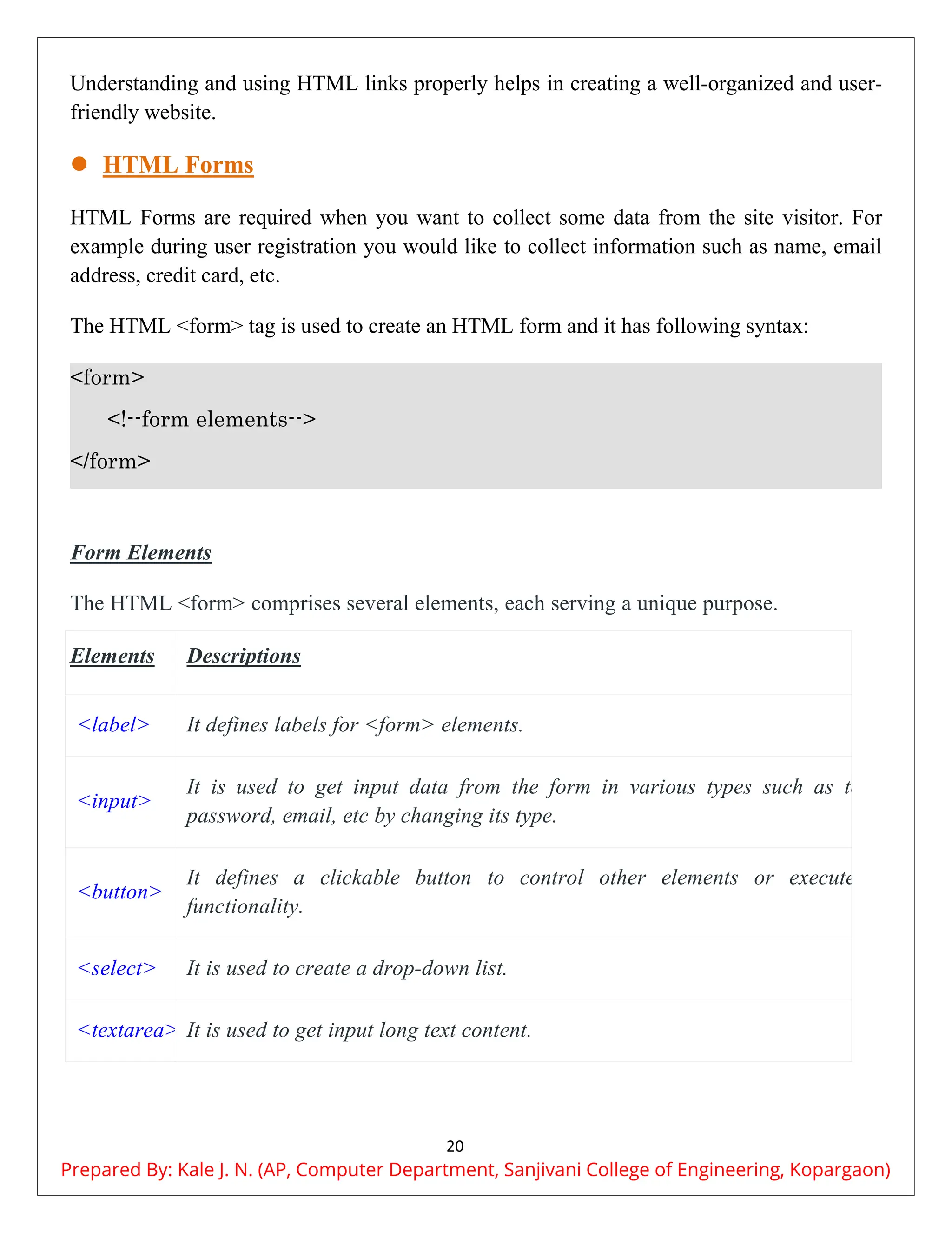 20
Understanding and using HTML links properly helps in creating a well-organized and user-
friendly website.
 HTML Forms
HTML Forms are required when you want to collect some data from the site visitor. For
example during user registration you would like to collect information such as name, email
address, credit card, etc.
The HTML <form> tag is used to create an HTML form and it has following syntax:
<form>
<!--form elements-->
</form>
Form Elements
The HTML <form> comprises several elements, each serving a unique purpose.
Elements Descriptions
<label> It defines labels for <form> elements.
<input>
It is used to get input data from the form in various types such as text,
password, email, etc by changing its type.
<button>
It defines a clickable button to control other elements or execute a
functionality.
<select> It is used to create a drop-down list.
<textarea> It is used to get input long text content.
Prepared By: Kale J. N. (AP, Computer Department, Sanjivani College of Engineering, Kopargaon)
 
