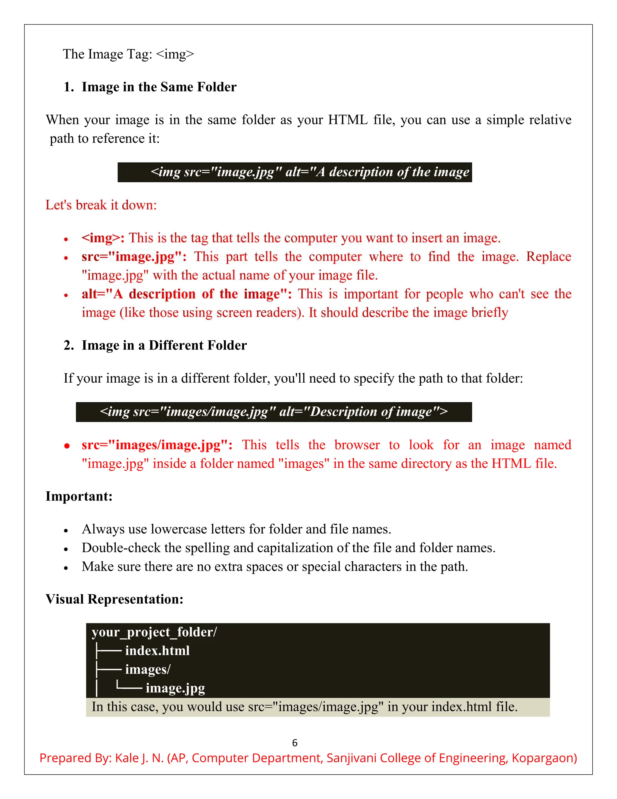 6
The Image Tag: <img>
1. Image in the Same Folder
When your image is in the same folder as your HTML file, you can use a simple relative
path to reference it:
<img src="image.jpg" alt="A description of the image">
2. Image in a Different Folder
If your image is in a different folder, you'll need to specify the path to that folder:
<img src="images/image.jpg" alt="Description of image">
 src="images/image.jpg": This tells the browser to look for an image named
"image.jpg" inside a folder named "images" in the same directory as the HTML file.
Important:
 Always use lowercase letters for folder and file names.
 Double-check the spelling and capitalization of the file and folder names.
 Make sure there are no extra spaces or special characters in the path.
Visual Representation:
your_project_folder/
├── index.html
├── images/
│ └── image.jpg
In this case, you would use src="images/image.jpg" in your index.html file.
Prepared By: Kale J. N. (AP, Computer Department, Sanjivani College of Engineering, Kopargaon)
 