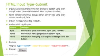 HTML Input Type=Submit
 Digunakan untuk mendefinisikan clickable button yang akan
mengirimkan (submit) isian dari form ke form-handler.
 Form-handler umumnya berupa script server-side yang akan
memproses input data.
 Dibuat menggunakan tag <input>.
 Atribut dari tag <input>:
 Contoh:
 Output:
Atribut Deskripsi
type Menentukan jenis dari control input yaitu “submit”.
name Menentukan nama pengenal dari control input.
value Menentukan nilai yang akan digunakan sebagai label dari
button.
<input type=“submit” name=“btnsimpan” value=“Simpan”>
Copyright 2015 STMIK Bumigora
 