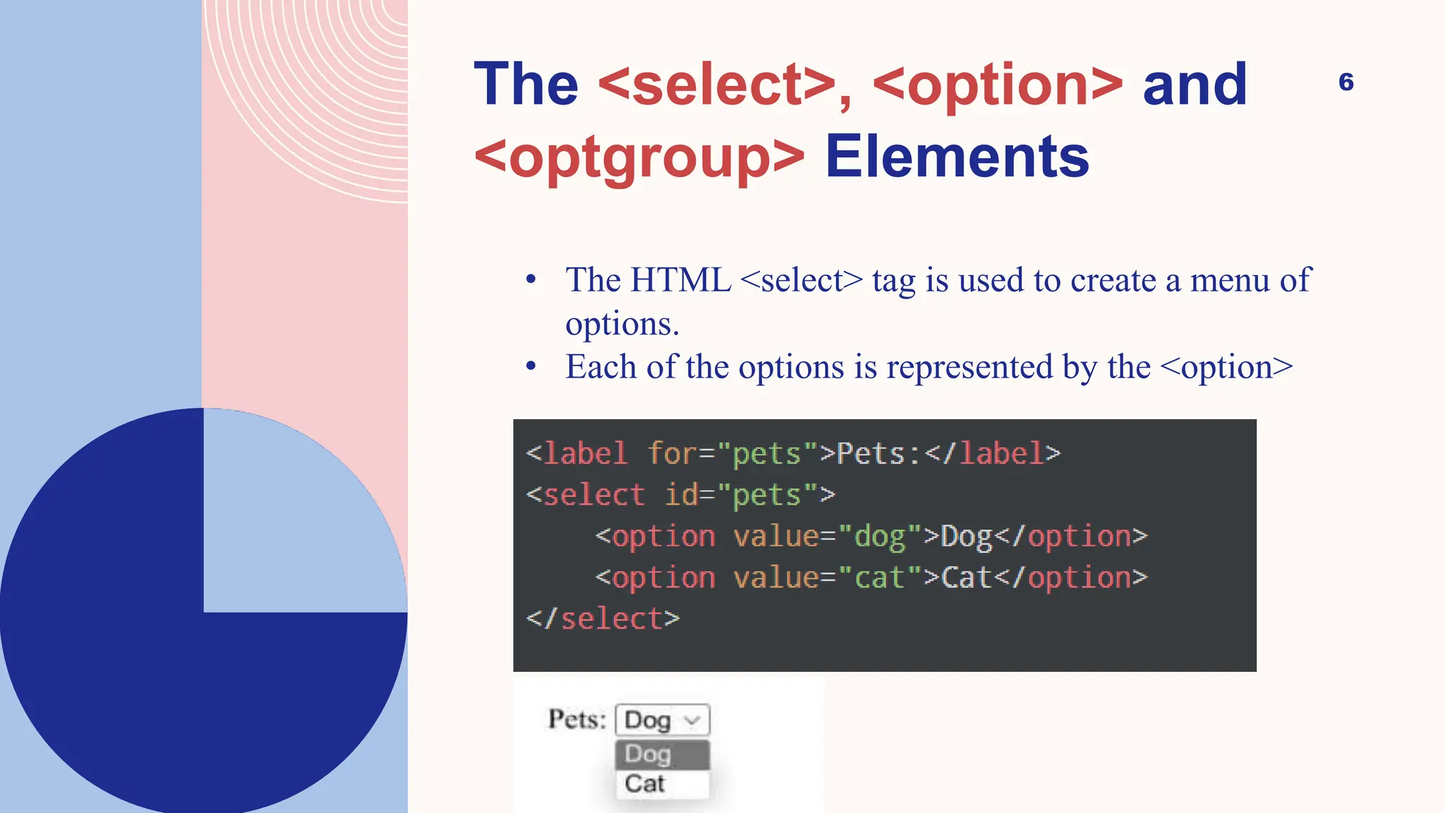 6
The <select>, <option> and
<optgroup> Elements
• The HTML <select> tag is used to create a menu of
options.
• Each of the options is represented by the <option>
 