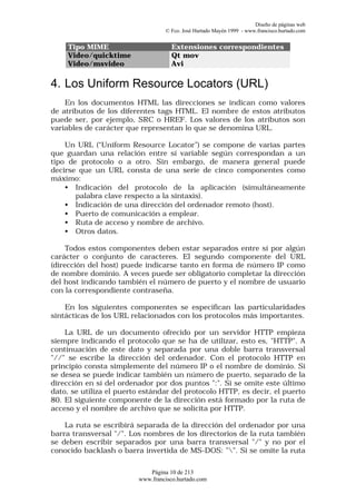 Diseño de páginas web
                                  © Fco. José Hurtado Mayén 1999 - www.francisco.hurtado.com


     Tipo MIME                       Extensiones correspondientes
     Video/quicktime                 Qt mov
     Video/msvideo                   Avi

4. Los Uniform Resource Locators (URL)
    En los documentos HTML las direcciones se indican como valores
de atributos de los diferentes tags HTML. El nombre de estos atributos
puede ser, por ejemplo, SRC o HREF. Los valores de los atributos son
variables de carácter que representan lo que se denomina URL.

    Un URL (“Uniform Resource Locator”) se compone de varias partes
que guardan una relación entre sí variable según correspondan a un
tipo de protocolo o a otro. Sin embargo, de manera general puede
decirse que un URL consta de una serie de cinco componentes como
máximo:
    • Indicación del protocolo de la aplicación (simultáneamente
       palabra clave respecto a la sintaxis).
    • Indicación de una dirección del ordenador remoto (host).
    • Puerto de comunicación a emplear.
    • Ruta de acceso y nombre de archivo.
    • Otros datos.

     Todos estos componentes deben estar separados entre sí por algún
carácter o conjunto de caracteres. El segundo componente del URL
(dirección del host) puede indicarse tanto en forma de número IP como
de nombre dominio. A veces puede ser obligatorio completar la dirección
del host indicando también el número de puerto y el nombre de usuario
con la correspondiente contraseña.

    En los siguientes componentes se especifican las particularidades
sintácticas de los URL relacionados con los protocolos más importantes.

    La URL de un documento ofrecido por un servidor HTTP empieza
siempre indicando el protocolo que se ha de utilizar, esto es, "HTTP". A
continuación de este dato y separada por una doble barra transversal
"//" se escribe la dirección del ordenador. Con el protocolo HTTP en
principio consta simplemente del número IP o el nombre de dominio. Si
se desea se puede indicar también un número de puerto, separado de la
dirección en sí del ordenador por dos puntos ":". Si se omite este último
dato, se utiliza el puerto estándar del protocolo HTTP, es decir, el puerto
80. El siguiente componente de la dirección está formado por la ruta de
acceso y el nombre de archivo que se solicita por HTTP.

    La ruta se escribirá separada de la dirección del ordenador por una
barra transversal "/". Los nombres de los directorios de la ruta también
se deben escribir separados por una barra transversal "/" y no por el
conocido backlash o barra invertida de MS-DOS: "". Si se omite la ruta

                            Página 10 de 213
                         www.francisco.hurtado.com
 