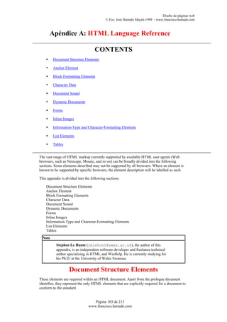 Diseño de páginas web
                                           © Fco. José Hurtado Mayén 1999 - www.francisco.hurtado.com



        Apéndice A: HTML Language Reference

                                    CONTENTS
    •    Document Structure Elements

    •    Anchor Element

    •    Block Formatting Elements

    •    Character Data

    •    Document Sound

    •    Dynamic Documents

    •    Forms

    •    Inline Images

    •    Information-Type and Character-Formatting Elements

    •    List Elements

    •    Tables


The vast range of HTML markup currently supported by available HTML user agents (Web
browsers, such as Netscape, Mosaic, and so on) can be broadly divided into the following
sections. Some elements described may not be supported by all browsers. Where an element is
known to be supported by specific browsers, the element description will be labelled as such.

This appendix is divided into the following sections:

    Document Structure Elements
    Anchor Element
    Block Formatting Elements
    Character Data
    Document Sound
    Dynamic Documents
    Forms
    Inline Images
    Information-Type and Character-Formatting Elements
    List Elements
    Tables
  Note
           Stephen Le Hunte (cmlehunt@swan.ac.uk), the author of this
           appendix, is an independent software developer and freelance technical
           author specialising in HTML and WinHelp. He is currently studying for
           his Ph.D. at the University of Wales Swansea.


                   Document Structure Elements
These elements are required within an HTML document. Apart from the prologue document
identifier, they represent the only HTML elements that are explicitly required for a document to
conform to the standard.


                                   Página 103 de 213
                                www.francisco.hurtado.com
 