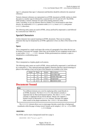 Diseño de páginas web
                                            © Fco. José Hurtado Mayén 1999 - www.francisco.hurtado.com

sign (<), and greater than sign (>) characters) and therefore should be referred to by numerical
references.

Numeric character references are represented in an HTML document as SGML entities in which
the name is a number sign (#) followed by a numeral from 32-126 and 161-255. The HTML
DTD includes a numeric character for each of the printing characters of the
Latin-1 encoding, so you can reference them by number if it is inconvenient to enter them
directly: the ampersand (&), quotation marks ("), lesser (<) and greater
(>) char-acters.

The following entity names are used in HTML, always prefixed by ampersand (&) and followed
by a semicolon (see Table B.1).

Special Characters
Certain characters have special meanings in HTML documents. There are two printing
characters that may be interpreted by an HTML application to have an effect of the format of the
text.

Space
This is interpreted as a single word space (the section of a paragraph of text where the text can
be broken if necessary-for example, where lines can be broken for text wrapping) except when it
is used within <PRE>...</PRE> elements. Within preformatted text elements, a space is
interpreted as a nonbreaking space.

Hyphen
This is interpreted as a hyphen glyph in all contexts.

The following entity names are used in HTML, always prefixed by ampersand (&) and followed
by a semicolon (;). They represent particular graphics characters that have special meanings in
places in the markup or may not be part of the character set available to the writer.
                    Glyph       Name         Syntax      Description
                      <          lt          <        Less than sign
                      >          gt          >        Greater than sign
                      &          amp        &amp;        Ampersand
                      "         quot        "       Quotation mark

Document Sound
  Note
           Two different elements now exist for employing inline sound directly in
           an HTML document. The first is BGSOUND; this element currently is
           supported only by Microsoft Internet Explorer. The other is SOUND, which
           currently is supported only by NCSA Mosaic. Mosaic also supports a
           limited version of Microsoft's BGSOUND element. Netscape can support
           inline sound via the plugin mechanism. See <EMBED> for more details.

     The BGSOUND element allows you to create pages that play sound clips or background
  soundtracks while the page is being viewed. Sounds can be samples (.WAV or .AU) or MIDI
                                        (.MID) format.

<BGSOUND>

The HTML used to insert a background sound into a page is

    <BGSOUND SRC="start.wav">


                                    Página 129 de 213
                                 www.francisco.hurtado.com
 