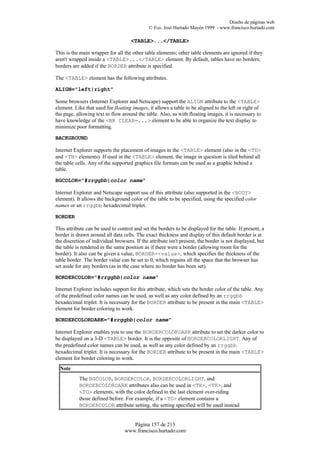Diseño de páginas web
                                              © Fco. José Hurtado Mayén 1999 - www.francisco.hurtado.com

                                     <TABLE>...</TABLE>

This is the main wrapper for all the other table elements; other table elements are ignored if they
aren't wrapped inside a <TABLE>...</TABLE> element. By default, tables have no borders;
borders are added if the BORDER attribute is specified.

The <TABLE> element has the following attributes.

ALIGN="left|right"

Some browsers (Internet Explorer and Netscape) support the ALIGN attribute to the <TABLE>
element. Like that used for floating images, it allows a table to be aligned to the left or right of
the page, allowing text to flow around the table. Also, as with floating images, it is necessary to
have knowledge of the <BR CLEAR=...> element to be able to organize the text display to
minimize poor formatting.

BACKGROUND

Internet Explorer supports the placement of images in the <TABLE> element (also in the <TD>
and <TH> elements). If used in the <TABLE> element, the image in question is tiled behind all
the table cells. Any of the supported graphics file formats can be used as a graphic behind a
table.

BGCOLOR="#rrggbb|color name"

Internet Explorer and Netscape support use of this attribute (also supported in the <BODY>
element). It allows the background color of the table to be specified, using the specified color
names or an rrggbb hexadecimal triplet.

BORDER

This attribute can be used to control and set the borders to be displayed for the table. If present, a
border is drawn around all data cells. The exact thickness and display of this default border is at
the discretion of individual browsers. If the attribute isn't present, the border is not displayed, but
the table is rendered in the same position as if there were a border (allowing room for the
border). It also can be given a value, BORDER=<value>, which specifies the thickness of the
table border. The border value can be set to 0, which regains all the space that the browser has
set aside for any borders (as in the case where no border has been set).

BORDERCOLOR="#rrggbb|color name"

Internet Explorer includes support for this attribute, which sets the border color of the table. Any
of the predefined color names can be used, as well as any color defined by an rrggbb
hexadecimal triplet. It is necessary for the BORDER attribute to be present in the main <TABLE>
element for border coloring to work.

BORDERCOLORDARK="#rrggbb|color name"

Internet Explorer enables you to use the BORDERCOLORDARK attribute to set the darker color to
be displayed on a 3-D <TABLE> border. It is the opposite of BORDERCOLORLIGHT. Any of
the predefined color names can be used, as well as any color defined by an rrggbb
hexadecimal triplet. It is necessary for the BORDER attribute to be present in the main <TABLE>
element for border coloring to work.
  Note
           The BGCOLOR, BORDERCOLOR, BORDERCOLORLIGHT, and
           BORDERCOLORDARK attributes also can be used in <TH>, <TR>, and
           <TD> elements, with the color defined in the last element over-riding
           those defined before. For example, if a <TD> element contains a
           BORDERCOLOR attribute setting, the setting specified will be used instead


                                     Página 157 de 213
                                  www.francisco.hurtado.com
 