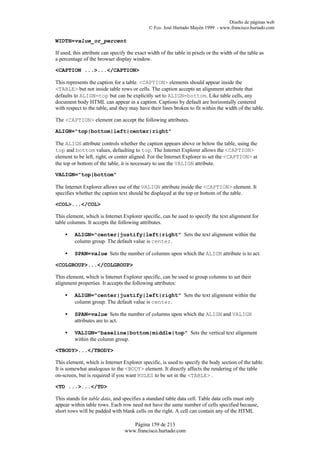 Diseño de páginas web
                                              © Fco. José Hurtado Mayén 1999 - www.francisco.hurtado.com

WIDTH=value_or_percent

If used, this attribute can specify the exact width of the table in pixels or the width of the table as
a percentage of the browser display window.

<CAPTION ...>...</CAPTION>

This represents the caption for a table. <CAPTION> elements should appear inside the
<TABLE> but not inside table rows or cells. The caption accepts an alignment attribute that
defaults to ALIGN=top but can be explicitly set to ALIGN=bottom. Like table cells, any
document body HTML can appear in a caption. Captions by default are horizontally centered
with respect to the table, and they may have their lines broken to fit within the width of the table.

The <CAPTION> element can accept the following attributes.

ALIGN="top|bottom|left|center|right"

The ALIGN attribute controls whether the caption appears above or below the table, using the
top and bottom values, defaulting to top. The Internet Explorer allows the <CAPTION>
element to be left, right, or center aligned. For the Internet Explorer to set the <CAPTION> at
the top or bottom of the table, it is necessary to use the VALIGN attribute.

VALIGN="top|bottom"

The Internet Explorer allows use of the VALIGN attribute inside the <CAPTION> element. It
specifies whether the caption text should be displayed at the top or bottom of the table.

<COL>...</COL>

This element, which is Internet Explorer specific, can be used to specify the text alignment for
table columns. It accepts the following attributes.

    •    ALIGN="center|justify|left|right" Sets the text alignment within the
         column group. The default value is center.

    •    SPAN=value Sets the number of columns upon which the ALIGN attribute is to act.

<COLGROUP>...</COLGROUP>

This element, which is Internet Explorer specific, can be used to group columns to set their
alignment properties. It accepts the following attributes:

    •    ALIGN="center|justify|left|right" Sets the text alignment within the
         column group. The default value is center.

    •    SPAN=value Sets the number of columns upon which the ALIGN and VALIGN
         attributes are to act.

    •    VALIGN="baseline|bottom|middle|top" Sets the vertical text alignment
         within the column group.

<TBODY>...</TBODY>

This element, which is Internet Explorer specific, is used to specify the body section of the table.
It is somewhat analogous to the <BODY> element. It directly affects the rendering of the table
on-screen, but is required if you want RULES to be set in the <TABLE> .

<TD ...>...</TD>

This stands for table data, and specifies a standard table data cell. Table data cells must only
appear within table rows. Each row need not have the same number of cells specified because,
short rows will be padded with blank cells on the right. A cell can contain any of the HTML

                                     Página 159 de 213
                                  www.francisco.hurtado.com
 