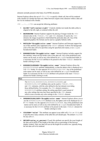 Diseño de páginas web
                                            © Fco. José Hurtado Mayén 1999 - www.francisco.hurtado.com

elements normally present in the body of an HTML document.

Internet Explorer allows the use of <TD></TD> to specify a blank cell, that will be rendered
with a border (if a border has been set). Other browsers require some character within a data cell
for it to be rendered with a border.

<TD ...>...</TD> can accept the following attributes:

    •    ALIGN="left|center|right" Controls whether text inside the table cell(s) is
         aligned to the left, right, or centered within the cell.

    •    BACKGROUND Internet Explorer supports the placing of images inside the <TD>
         element (also in the <TABLE>, <TD> and <TH> elements). If used in the <TD>
         element, the image in question is tiled behind the particular data cell. Any of the
         supported graphics file formats can be used as a graphic behind a table.

    •    BGCOLOR="#rrggbb|color name" Internet Explorer and Netscape support the
         use of this attribute (also supported in the <BODY> element). It allows the background
         color of the data cell to be specified, using the specified color names, or an rrggbb
         hexadecimal triplet.

    •    BORDERCOLOR="#rrggbb|color name" Internet Explorer includes support for
         this attribute, which sets the border color of the data cell. Any of the predefined color
         names can be used, as well as any color defined by an rrggbb hexadecimal triplet. It
         is necessary for the BORDER attribute to be present in the main <TABLE> element for
         border coloring to work.

    •    BORDERCOLORDARK="#rrggbb|color name" Internet Explorer allows the
         BORDERCOLORDARK attribute independently, so that the darker color is displayed on a
         3-D <TD> border. It is the opposite of BORDERCOLORLIGHT. Any of the predefined
         color names can be used, as well as any color defined by an rrggbb hexadecimal
         triplet. It is necessary for the BORDER attribute to be present in the main <TABLE>
         element for border coloring to work.
  Note
           The BGCOLOR, BORDERCOLOR, BORDERCOLORDARK, and
           BORDERCOLORLIGHT attributes also can be used in <TABLE>, <TH>,
           and <TR> elements, with the color defined in the last element over-riding
           those defined before. For example, if a <TD> element contains a
           BORDERCOLOR attribute setting, the setting specified is used instead of
           any color settings that may have been specified in the <TR> element,
           which in turn overrides any color settings in the <TABLE> element.

    •    BORDERCOLORLIGHT="#rrggbb|color name" Internet Explorer allows you to
         use the BORDERCOLORLIGHT attribute to set, the lighter color to be displayed on a 3-
         D <TD> border. It is the opposite of BORDERCOLORDARK. Any of the predefined color
          names can be used, as well as any color defined by an rrggbb hexadecimal triplet. It
          is necessary for the BORDER attribute to be present in the main <TABLE> element for
                                         border coloring to work.

    •    COLSPAN="value" This attribute can appear in any table cell (<TH> or <TD>), and
         it specifies how many columns of the table this cell should span. The default COLSPAN
         for any cell is 1.

    •    HEIGHT=value_or_percent If used, this attribute can specify the exact height of
         the data cell in pixels or the height of the data cell as a percentage of the browser
         display window. Only one data cell can set the height for an entire row, typically being
         the last data cell to be rendered.


                                   Página 160 de 213
                                www.francisco.hurtado.com
 