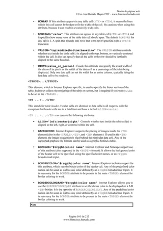 Diseño de páginas web
                                             © Fco. José Hurtado Mayén 1999 - www.francisco.hurtado.com

    •    NOWRAP If this attribute appears in any table cell (<TH> or <TD>), it means the lines
         within this cell cannot be broken to fit the width of the cell. Be cautious when using this
         attribute, because it can result in excessively wide cells.

    •    ROWSPAN="value" This attribute can appear in any table cell (<TH> or <TD>), and
         it specifies how many rows of the table this cell should span. The default ROWSPAN for
         any cell is 1. A span that extends into rows that were never specified with a <TR> is
         truncated.

    •    VALIGN="top|middle|bottom|baseline" The VALIGN attribute controls
         whether text inside the table cell(s) is aligned to the top, bottom, or vertically centered
         within the cell. It also can specify that all the cells in the row should be vertically
         aligned to the same baseline.

    •    WIDTH=value_or_percent If used, this attribute can specify the exact width of
         the data cell in pixels or the width of the data cell as a percentage of the table being
         displayed. Only one data cell can set the width for an entire column, typically being the
         last data cell to be rendered.

<TFOOT>...</TFOOT>

This element, which is Internet Explorer specific, is used to specify the footer section of the
table. It directly affects the rendering of the table on-screen, but is required if you want RULES
to be set in the <TABLE> .

<TH ...>...</TH>

This stands for table header. Header cells are identical to data cells in all respects, with the
exception that header cells are in a bold font and have a default ALIGN=center.

<TH ...>...</TH> can contain the following attributes:

    •    ALIGN="left|center|right" Controls whether text inside the table cell(s) is
         aligned to the left, right, or centered within the cell.

    •    BACKGROUND Internet Explorer supports the placing of images inside the <TH>
         element (also in the <TABLE>, <TD>, and <TH> elements). If used in the <TH>
         element, the image in question is tiled behind the particular data cell. Any of the
         supported graphics file formats can be used as a graphic behind a table.

    •    BGCOLOR="#rrggbb|color name" Internet Explorer and Netscape support use
         of this attribute (also supported in the <BODY> element). It allows the background color
         of the header cell to be specified, using the specified color names, or an rrggbb
         hexadecimal triplet.

    •    BORDERCOLOR="#rrggbb|color name" Internet Explorer includes support for
         this attribute, which sets the border color of the header cell. Any of the predefined color
         names can be used, as well as any color defined by an rrggbb hexadecimal triplet. It
         is necessary for the BORDER attribute to be present in the main <TABLE> element for
         border coloring to work.

    •    BORDERCOLORDARK="#rrggbb|color name" Internet Explorer allows you to
         use the BORDERCOLORDARK attribute to set the darker color to be displayed on a 3-D
         <TH> border. It is the opposite of BORDERCOLORLIGHT. Any of the predefined color
         names can be used, as well as any color defined by an rrggbb hexadecimal triplet. It
         is necessary for the BORDER attribute to be present in the main <TABLE> element for
         border coloring to work.
  Note



                                     Página 161 de 213
                                  www.francisco.hurtado.com
 