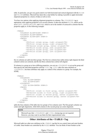 Diseño de páginas web
                                                 © Fco. José Hurtado Mayén 1999 - www.francisco.hurtado.com

table. In particular, you get very good control over both horizontal and vertical alignment with the ALIGN
and VALIGN attributes. Microsoft has taken this a step further by making it possible to apply horizontal
alignment properties to columns of data as well as rows.

You have two options when applying alignment properties to columns. The <COLGROUP> tag is
appropriate when applying properties over several columns. It takes the attributes ALIGN, which can be
set to LEFT, CENTER, or RIGHT, and SPAN, which is set to the number of consecutive columns that the
properties apply to. In the following example:

    <TABLE>
       <COLGROUP ALIGN=RIGHT SPAN=2>
       <COLGROUP ALIGN=CENTER>
       <COLGROUP ALIGN=LEFT SPAN=3>
       <TBODY>
          <TR>
             <TD>First column group, right aligned</TD>
             <TD>First column group, right aligned</TD>
             <TD>Second column group, center aligned</TD>
             <TD>Third column group, left aligned</TD>
             <TD>Third column group, left aligned</TD>
             <TD>Third column group, left aligned</TD>
          </TR>
       </TBODY>
    </TABLE>
the six columns are split into three groups. The first two columns have table entries right aligned, the third
column's entries are centered, and the last three columns have entries left aligned.

If columns in a group are to have differing properties, you can use <COLGROUP> to set up the group and
then specify the individual properties with the <COL> tag. <COL> takes the same attributes as
<COLGROUP>, but these attributes only apply to a subset of the columns in a group. For example, the
HTML:

    <TABLE>
       <COLGROUP>
          <COL ALIGN=CENTER>
          <COL ALIGN=RIGHT>
       <COLGROUP>
          <COL ALIGN=CENTER SPAN=2>
       <TBODY>
          <TR>
             <TD>First column in first group, center aligned</TD>
             <TD>Second column in first group, right aligned</TD>
             <TD>First column in second group, center aligned</TD>
             <TD>Second column in second group, center aligned</TD>
          </TR>
       </TBODY>
    </TABLE>
splits the four columns of the table into two groups of two columns each. The first group's columns use
center and right alignments, while both columns in the second group use center alignment.
      NOTE
           Microsoft says that </COLGROUP> and </COL> closing tags are not required.
           However, you may want to use them for their organizational value.

                         Other Attributes of the <TABLE> Tag
Microsoft adds two other new attributes to the <TABLE> tag that let you control inner and outer borders
of a table. Inner borders are controlled by the RULES attribute. You can think of inner borders as the

                                         Página 179 de 213
                                      www.francisco.hurtado.com
 