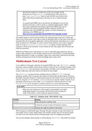 Diseño de páginas web
                                                © Fco. José Hurtado Mayén 1999 - www.francisco.hurtado.com


              describe the contents of a certain class of file. For example, HTML
              documents are of type text/html and QuickTime video clips are of
              type video/quicktime. Types let mail and Web servers know what
              kind of files they're transferring so that they can do so without trashing
              them.

              An experimental MIME type is one that has not undergone review by the
              Internet community so that it can have a standard implementation. While
              their usage is generally discouraged, experimental MIME types can be
              submitted to the Internet Assigned Numbers Authority (IANA) for
              inclusion in the central MIME type registry. For more information on
              submitting a new MIME type, see
              http://www.oac.uci.edu/indiv/ehood/MIME/1521/Appendix_E.html.

   The replace feature is critical to Server Pushes. By replacing the previous piece of data right
   where it was on the screen, you're able to create an animation effect. In fact, prior to the onset of
   animated GIFs, the most popular application of Server Push dynamic documents was to create
   inline animations on a Web page. To create a Server Push animation, your script or program
   needs to set up a multipart/x-mixed-replace response in which each part of the
   response is a frame in the animation. As new frames are sent, they replace the old frames and
   create the animation!

   While Server Pushes came to prominence as a way to create Web page animations, they are
   useful in other situations as well. Another common use of a Server Push is to send periodically
   updated information to a page. For example, a page with a stock ticker could receive the ticker
   symbols and latest prices by Server Push and display them as they roll in.

   Multicolumn Text Layout
   A new addition to Netscape's collection of extended HTML tags is the <MULTICOL> container
   tag used to create a multiple column layout similar to what you see in a printed newspaper. Prior
   to the <MULTICOL> tag, such layouts were possible with tables, but it was difficult to control
   column widths and to get each column to be about the same height.

   The <MULTICOL> tag takes the three attributes shown in Table 15.1. COLS is the only
   mandatory attribute and is set equal to the number of columns that should comprise the layout.
   By default, Netscape will place a 10-pixel gutter between each column, but you can change this
   value by using the GUTTER attribute. GUTTER can be set to a specific number of pixels or to a
   percentage of the browser screen width. WIDTH controls how wide the columns are. Like
   GUTTER, WIDTH can be set equal to a number of pixels or a screen width percentage.
     CAUTION
              Make sure your columns are wide enough to accommodate your widest
              nonbreaking element. If an element can't be broken and it exceeds the
              width of the column, it will overlap into adjacent columns.

                          Table 15.1 Attributes of the <MULTICOL> Tag
Attribute                          Purpose
COLS=n                             Makes the layout n columns wide
GUTTER=pixels|percentag
e                                  Controls the amount of space left between columns
WIDTH=pixels|percentage            Controls the width of columns in the layout
   When laying out a multicolumn page, Netscape Navigator attempts to make each column the
   same height. This is a fairly simple matter if the columns contain only text, but the Navigator
   even does well with columns that have floating images with text wrapping around them.

   You can nest multiple column layouts as well by placing <MULTICOL> tags inside one another.


                                       Página 188 de 213
                                    www.francisco.hurtado.com
 