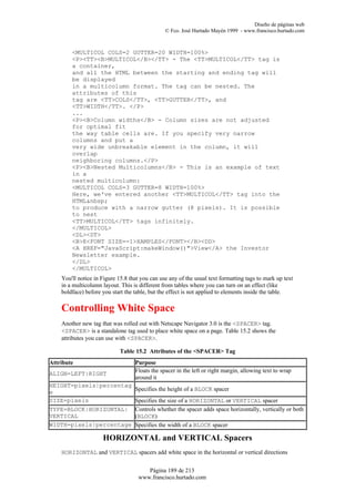 Diseño de páginas web
                                                © Fco. José Hurtado Mayén 1999 - www.francisco.hurtado.com



        <MULTICOL COLS=2 GUTTER=20 WIDTH=100%>
        <P><TT><B>MULTICOL</B></TT> - The <TT>MULTICOL</TT> tag is
        a container,
        and all the HTML between the starting and ending tag will
        be displayed
        in a multicolumn format. The tag can be nested. The
        attributes of this
        tag are <TT>COLS</TT>, <TT>GUTTER</TT>, and
        <TT>WIDTH</TT>. </P>
        ...
        <P><B>Column widths</B> - Column sizes are not adjusted
        for optimal fit
        the way table cells are. If you specify very narrow
        columns and put a
        very wide unbreakable element in the column, it will
        overlap
        neighboring columns.</P>
        <P><B>Nested Multicolumns</B> - This is an example of text
        in a
        nested multicolumn:
        <MULTICOL COLS=3 GUTTER=8 WIDTH=100%>
        Here, we've entered another <TT>MULTICOL</TT> tag into the
        HTML&nbsp;
        to produce with a narrow gutter (8 pixels). It is possible
        to nest
        <TT>MULTICOL</TT> tags infinitely.
        </MULTICOL>
        <DL><DT>
        <B>E<FONT SIZE=-1>XAMPLES</FONT></B><DD>
        <A HREF="JavaScript:makeWindow()">View</A> the Investor
        Newsletter example.
        </DL>
        </MULTICOL>
    You'll notice in Figure 15.8 that you can use any of the usual text formatting tags to mark up text
    in a multicolumn layout. This is different from tables where you can turn on an effect (like
    boldface) before you start the table, but the effect is not applied to elements inside the table.

    Controlling White Space
    Another new tag that was rolled out with Netscape Navigator 3.0 is the <SPACER> tag.
    <SPACER> is a standalone tag used to place white space on a page. Table 15.2 shows the
    attributes you can use with <SPACER>.

                            Table 15.2 Attributes of the <SPACER> Tag
Attribute                          Purpose
                                   Floats the spacer in the left or right margin, allowing text to wrap
ALIGN=LEFT|RIGHT
                                   around it
HEIGHT=pixels|percentag
e                                  Specifies the height of a BLOCK spacer
SIZE=pixels                        Specifies the size of a HORIZONTAL or VERTICAL spacer
TYPE=BLOCK|HORIZONTAL|             Controls whether the spacer adds space horizontally, vertically or both
VERTICAL                           (BLOCK)
WIDTH=pixels|percentage            Specifies the width of a BLOCK spacer

                     HORIZONTAL and VERTICAL Spacers
    HORIZONTAL and VERTICAL spacers add white space in the horizontal or vertical directions


                                       Página 189 de 213
                                    www.francisco.hurtado.com
 