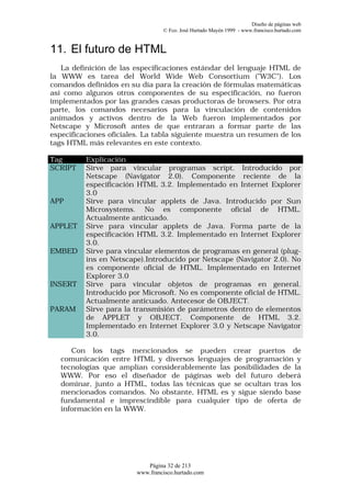 Diseño de páginas web
                                 © Fco. José Hurtado Mayén 1999 - www.francisco.hurtado.com


11. El futuro de HTML
   La definición de las especificaciones estándar del lenguaje HTML de
la WWW es tarea del World Wide Web Consortium ("W3C"). Los
comandos definidos en su día para la creación de fórmulas matemáticas
así como algunos otros componentes de su especificación, no fueron
implementados por las grandes casas productoras de browsers. Por otra
parte, los comandos necesarios para la vinculación de contenidos
animados y activos dentro de la Web fueron implementados por
Netscape y Microsoft antes de que entraran a formar parte de las
especificaciones oficiales. La tabla siguiente muestra un resumen de los
tags HTML más relevantes en este contexto.

Tag       Explicación
SCRIPT    Sirve para vincular programas script. Introducido por
          Netscape (Navigator 2.0). Componente reciente de la
          especificación HTML 3.2. Implementado en Internet Explorer
          3.0
APP       Sirve para vincular applets de Java. Introducido por Sun
          Microsystems. No es componente oficial de HTML.
          Actualmente anticuado.
APPLET    Sirve para vincular applets de Java. Forma parte de la
          especificación HTML 3.2. Implementado en Internet Explorer
          3.0.
EMBED     Sirve para vincular elementos de programas en general (plug-
          ins en Netscape).Introducido por Netscape (Navigator 2.0). No
          es componente oficial de HTML. Implementado en Internet
          Explorer 3.0
INSERT    Sirve para vincular objetos de programas en general.
          Introducido por Microsoft. No es componente oficial de HTML.
          Actualmente anticuado. Antecesor de OBJECT.
PARAM     Sirve para la transmisión de parámetros dentro de elementos
          de APPLET y OBJECT. Componente de HTML 3.2.
          Implementado en Internet Explorer 3.0 y Netscape Navigator
          3.0.

      Con los tags mencionados se pueden crear puertos de
   comunicación entre HTML y diversos lenguajes de programación y
   tecnologías que amplían considerablemente las posibilidades de la
   WWW. Por eso el diseñador de páginas web del futuro deberá
   dominar, junto a HTML, todas las técnicas que se ocultan tras los
   mencionados comandos. No obstante, HTML es y sigue siendo base
   fundamental e imprescindible para cualquier tipo de oferta de
   información en la WWW.




                           Página 32 de 213
                        www.francisco.hurtado.com
 