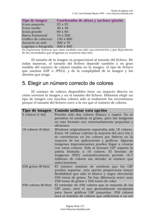 Diseño de páginas web
                                     © Fco. José Hurtado Mayén 1999 - www.francisco.hurtado.com


Tipo de imagen           Coordenadas de altura y anchura (pixels)
Icono pequeño            25 x 25
Icono medio              40 x 40
Icono grande             60 x 60
Barra horizontal         10 x 500
Gráfico de cabecera      150 x 600
Anuncio en web           300 x 72
Logotipo o fotografía    300 x 400
Es importante destacar que estas medidas son sólo una orientación y que dependerán
de las necesidades que tengamos en nuestros sitio web.

      El tamaño de la imagen es proporcional al tamaño del fichero. De
todas maneras, el tamaño del fichero depende también y en gran
medida del número de colores usados en la imagen, el tipo de fichero
que usemos (GIF o JPEG), y de la complejidad de la imagen y los
diseños que tenga.

5. Elegir un número correcto de colores
      El número de colores disponibles tiene un impacto directo en
cómo veremos la imagen y en el tamaño del fichero. Debemos elegir un
tipo de imagen con muchos colores sólo si realmente los necesitamos
porque el tamaño del fichero crece a la vez que el número de colores.

Tipo de imagen Cuándo utilizar esta opción
2 colores (1-bit)       Permite sólo dos colores (blanco y negro). No se
                        permiten ni sombras ni grises, pero las imágenes
                        en este formato son extremadamente pequeñas y
                        eficientes.
16 colores (4-bits)     Windows originalmente soportaba sólo 16 colores.
                        Estos 16 colores cubrían la mayoría del arco iris y
                        se convirtieron en los colores por defecto en la
                        mayoría de las aplicaciones y gráficos. Algunas
                        imágenes impresionantes pueden llegar a crearse
                        con estos colores. Sólo el formato GIF soporta la
                        paleta limitada a 16 colores. El formato de
                        imágenes JPEG automáticamente permite 16.7
                        millones de colores sin atender al número que
                        seleccionemos.
256 grises (8-bits)     El número máximo de sombras que los GIF
                        pueden soportar, esta opción proporciona mayor
                        flexibilidad que sólo el blanco y negro ofreciendo
                        256 tonos de grises. No hay diferencia entre usar
                        256 tonos de grises y 256 tonos de color.
256 colores (8-bits)    El estándar de 256 colores que la mayoría de los
                        GIF usan, será el que generalmente escojamos
                        para hacer gráficos GIF pequeños. 256 colores
                        será el máximo de colores que utilicemos a no ser


                               Página 40 de 213
                            www.francisco.hurtado.com
 