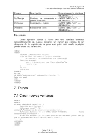 Diseño de páginas web
                                 © Fco. José Hurtado Mayén 1999 - www.francisco.hurtado.com


Evento          Descripción            Elementos que lo admiten
                                       <TEXTAREA …>
OnChange        Cambiar de contenido o <INPUT TYPE="text">
                perder el cursor       <TEXTAREA …>
OnFocus         Conseguir el curso.    <INPUT TYPE="text" …>
                                       <TEXTAREA …>
OnSelect        Seleccionar texto.     <INPUT TYPE="text" …>
                                       <TEXTAREA …>

Un ejemplo

     Como ejemplo, vamos a hacer que una ventana aparezca
automáticamente en cuanto pasemos un cursor por encima de un
elemento <A> (e impidiendo, de paso, que quien esté viendo la página
pueda hacer uso del mismo).

<HTML>
<HEAD>
      <SCRIPT LANGUAGE="JavaScript">
      <!-- Se usan los comentarios para esconder
            el código a los navegadores sin JavaScript
      function Alarma() {
            alert ("No me pises, que llevo chanclas");
            return true;
      }
      // -->
      </SCRIPT>
</HEAD>
<BODY>
<A HREF="eventos.html" onMouseOver="Alarma()">
Pasa por aquí
</A>
</BODY>
</HTML>


7. Trucos

7.1 Crear nuevas ventanas
<HTML>
<HEAD>
<SCRIPT LANGUAGE="JavaScript">
      function AbrirVentana () {
      MiVentana=open("","Mi
ventana","toolbar=no,directories=no,menubar=no");
      MiVentana.document.write("<HTML><HEAD><TITLE>Una           nueva
ventana</TITLE></HEAD>");
      MiVentana.document.write("<BODY><CENTER><H1><B>Esto puede ser lo
que tu quieras</B></H1></CENTER></BODY></HTML>");
      }
</SCRIPT>
</HEAD>
<BODY>


                           Página 72 de 213
                        www.francisco.hurtado.com
 