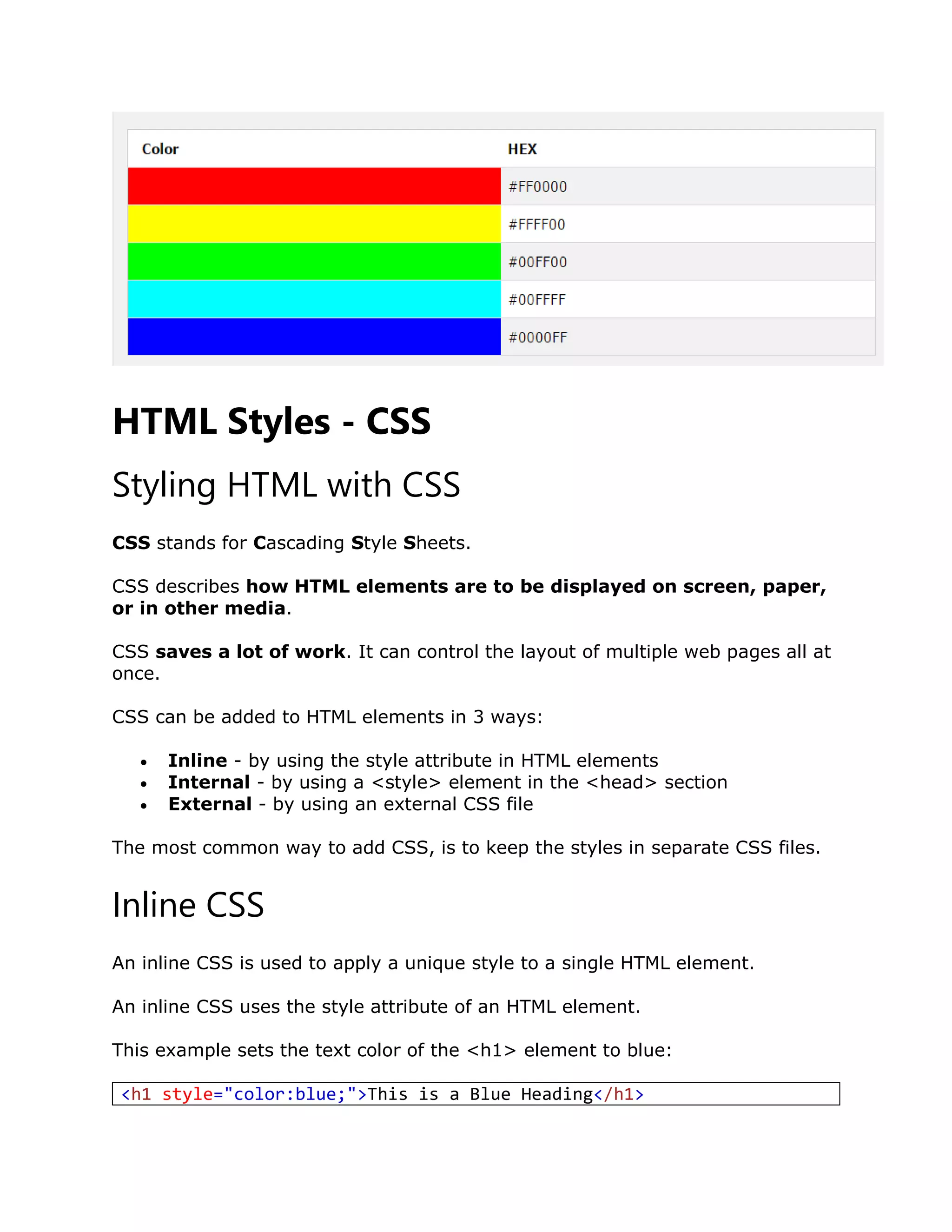 HTML Styles - CSS
Styling HTML with CSS
CSS stands for Cascading Style Sheets.
CSS describes how HTML elements are to be displayed on screen, paper,
or in other media.
CSS saves a lot of work. It can control the layout of multiple web pages all at
once.
CSS can be added to HTML elements in 3 ways:
 Inline - by using the style attribute in HTML elements
 Internal - by using a <style> element in the <head> section
 External - by using an external CSS file
The most common way to add CSS, is to keep the styles in separate CSS files.
Inline CSS
An inline CSS is used to apply a unique style to a single HTML element.
An inline CSS uses the style attribute of an HTML element.
This example sets the text color of the <h1> element to blue:
<h1 style="color:blue;">This is a Blue Heading</h1>
 