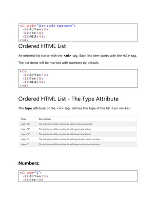 Ordered HTML List
An ordered list starts with the <ol> tag. Each list item starts with the <li> tag.
The list items will be marked with numbers by default:
Ordered HTML List - The Type Attribute
The type attribute of the <ol> tag, defines the type of the list item marker:
Numbers:
<ul style="list-style-type:none">
<li>Coffee</li>
<li>Tea</li>
<li>Milk</li>
</ul>
<ol>
<li>Coffee</li>
<li>Tea</li>
<li>Milk</li>
</ol>
<ol type="1">
<li>Coffee</li>
<li>Tea</li>
 