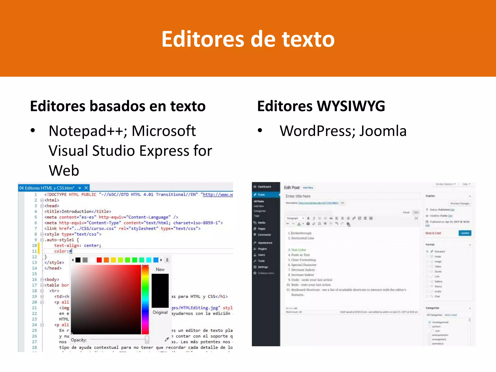 Editores basados en texto
• Notepad++; Microsoft
Visual Studio Express for
Web
Editores WYSIWYG
• WordPress; Joomla
Editores de texto
 