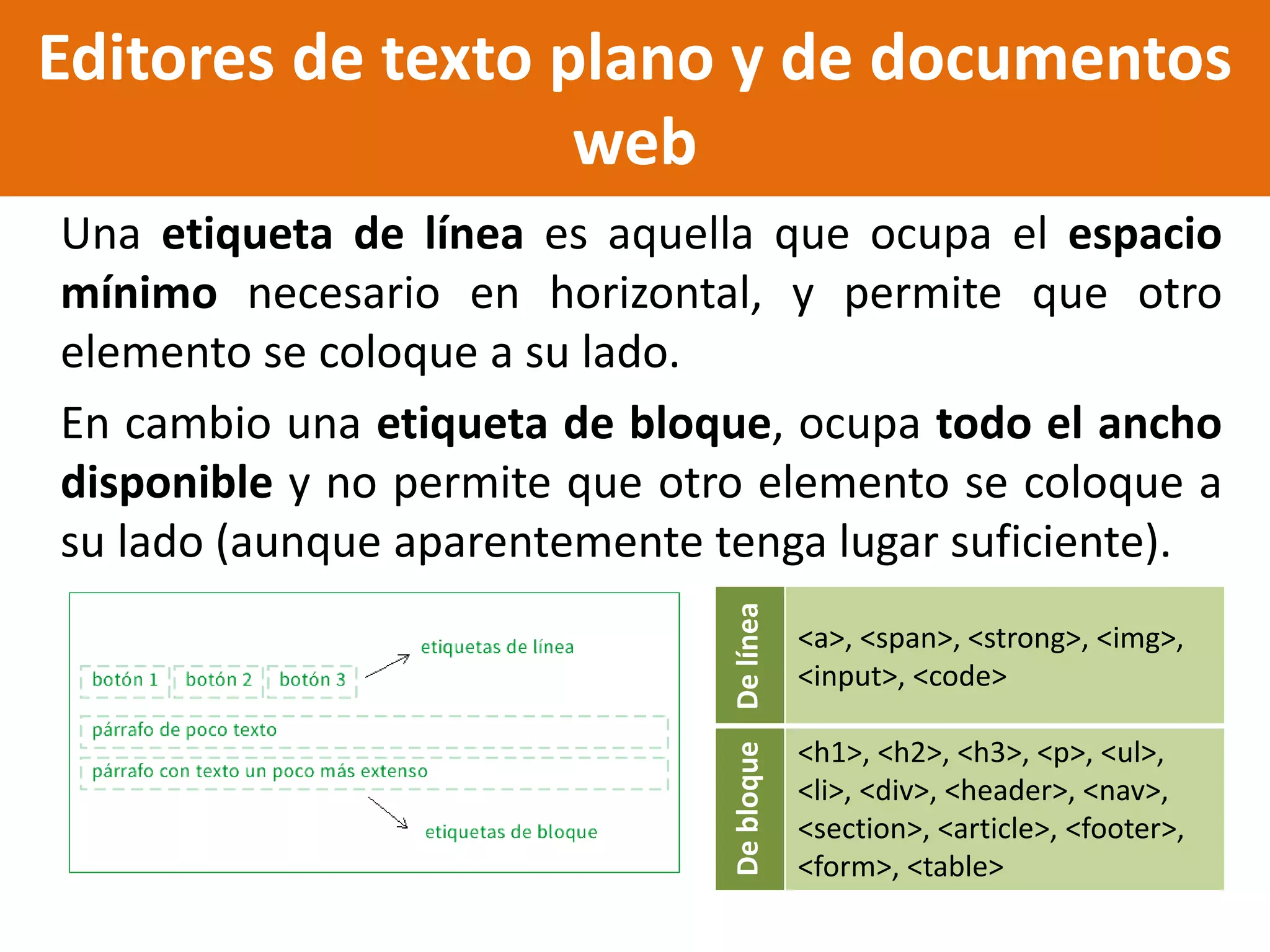 Una etiqueta de línea es aquella que ocupa el espacio
mínimo necesario en horizontal, y permite que otro
elemento se coloque a su lado.
En cambio una etiqueta de bloque, ocupa todo el ancho
disponible y no permite que otro elemento se coloque a
su lado (aunque aparentemente tenga lugar suficiente).
Editores de texto plano y de documentos
web
Delínea
<a>, <span>, <strong>, <img>,
<input>, <code>
Debloque <h1>, <h2>, <h3>, <p>, <ul>,
<li>, <div>, <header>, <nav>,
<section>, <article>, <footer>,
<form>, <table>
 