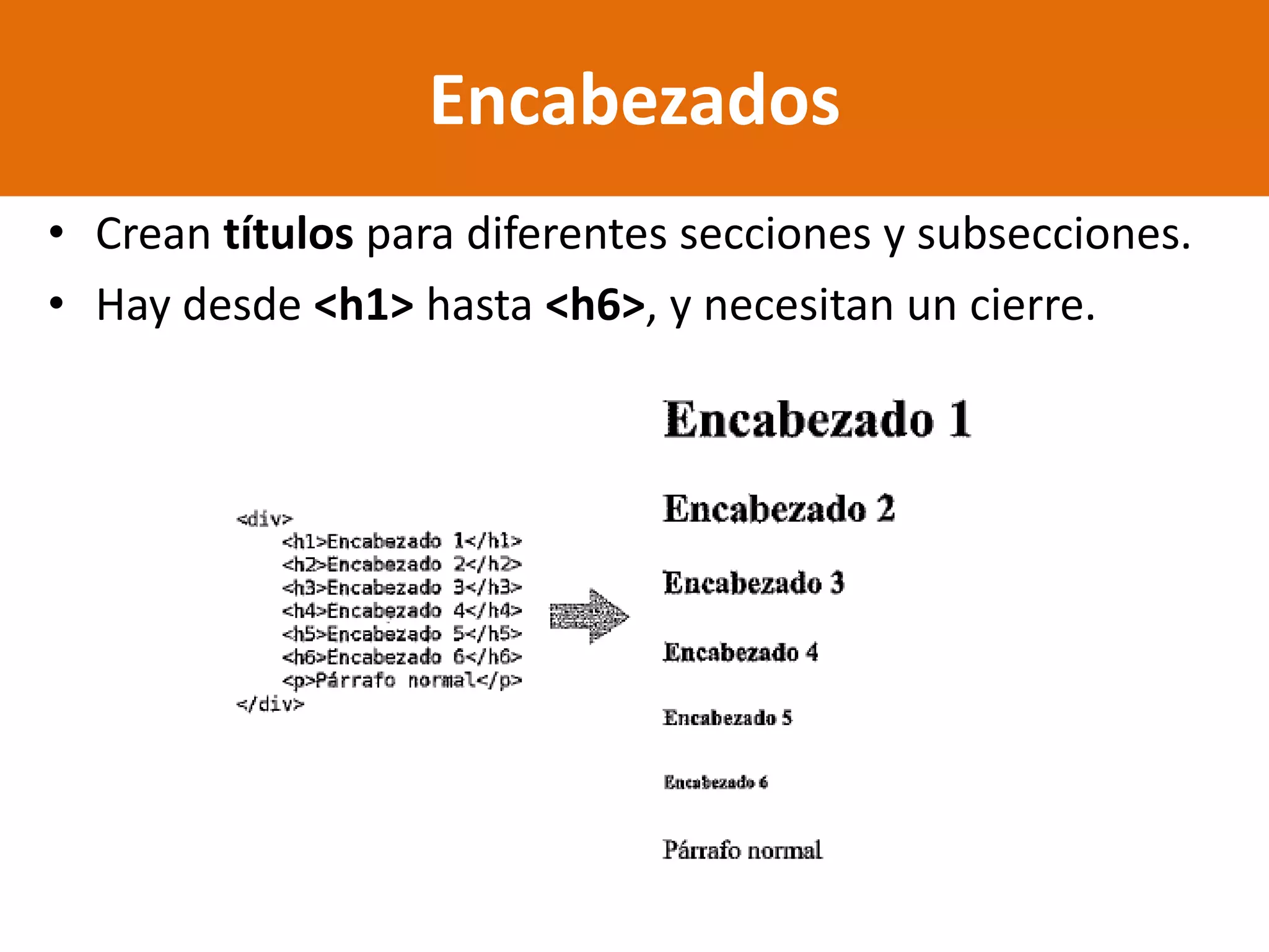 • Crean títulos para diferentes secciones y subsecciones.
• Hay desde <h1> hasta <h6>, y necesitan un cierre.
Encabezados
 